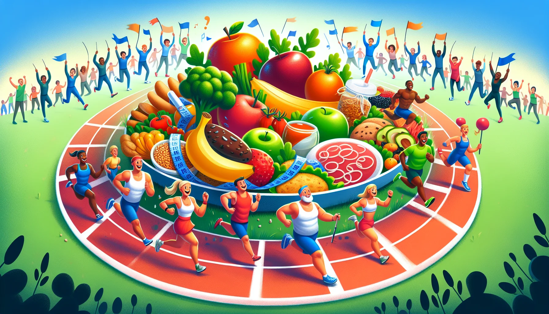 Create a fun, vibrant illustration for type 2 diabetes management using diet and exercise. The scene unfolding is this: A group of fresh fruits and vegetables, personified, are energetically jogging around a large, beautifully prepared salad plate, as if it's a running track. On the sidelines, cheerleader-esque whole grains, lean meat, fish and other diabetic-friendly foods are showing their support. This scene symbolizes a dynamic, balanced diet which swirls around exercise, mirroring its importance in diabetes management. Variations of people in the background, of different genders and descents, are joyfully joining in, urging viewers to lead an active, healthy lifestyle.