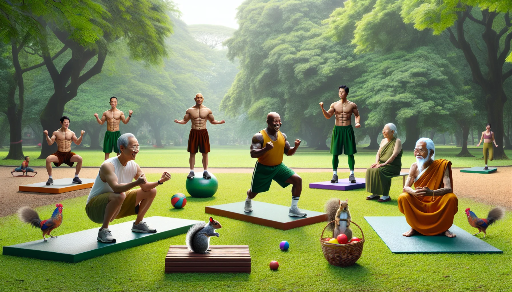 Create a realistically detailed image showcasing a humorous scenario that encourages people to partake in abdominal calisthenics workouts. The scene may include a diverse group of individuals. Imagine a muscular South Asian woman, an elderly Black man, and a mid-aged Caucasian male performing a sequence of core exercises in a lush, open park space. Add an unexpected element of fun to the scene, such as a squirrel attempting to mimic the group's exercises or a clown offering them balancing balls. The aim of the image should be to promote physical fitness in a way that is lighthearted and appealing to people of all backgrounds.
