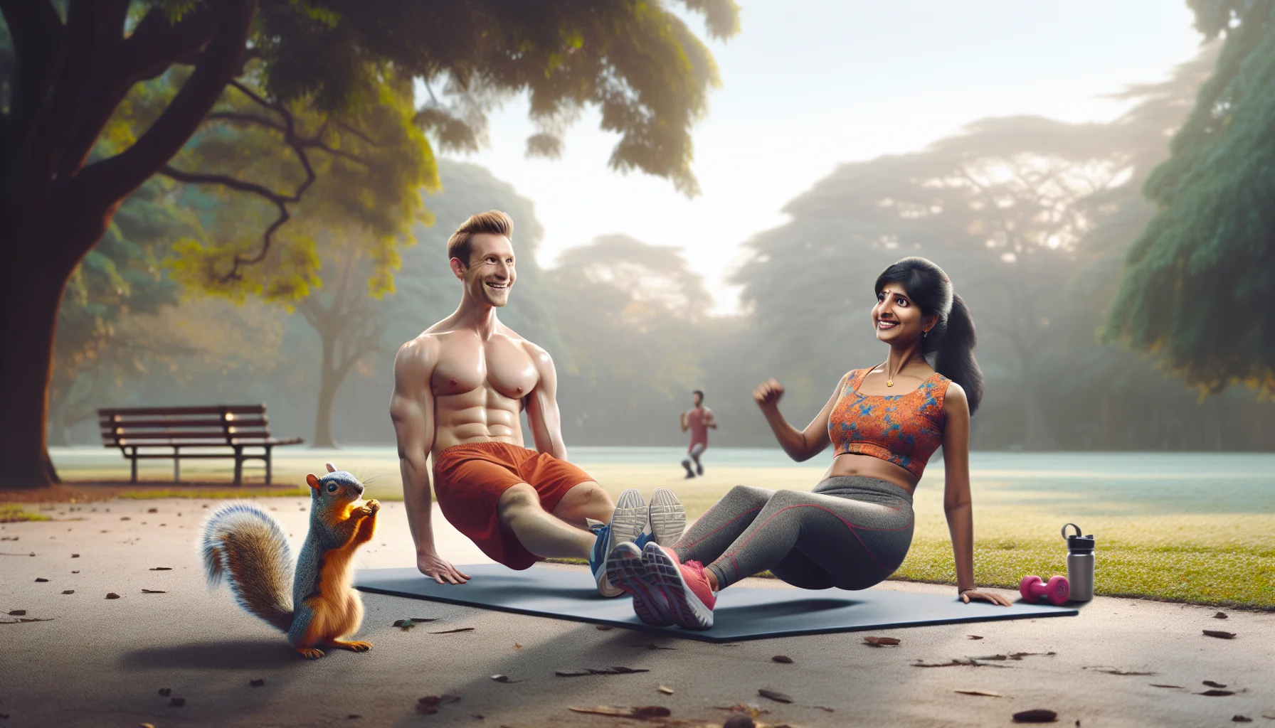 Generate an entertaining and realistic scene promoting fitness through calisthenics, focusing specifically on ab exercises. Depict a South Asian woman and a Caucasian man in a park with a lively squirrel attempting to mimic their moves. The squirrel should be trying to do an abs crunch, generating comedy. Include elements such as workout mats, nearby trees, and the soft morning light to add more depth and reality to the scene. The objective of this image is to inspire people with a blend of humor and fitness.