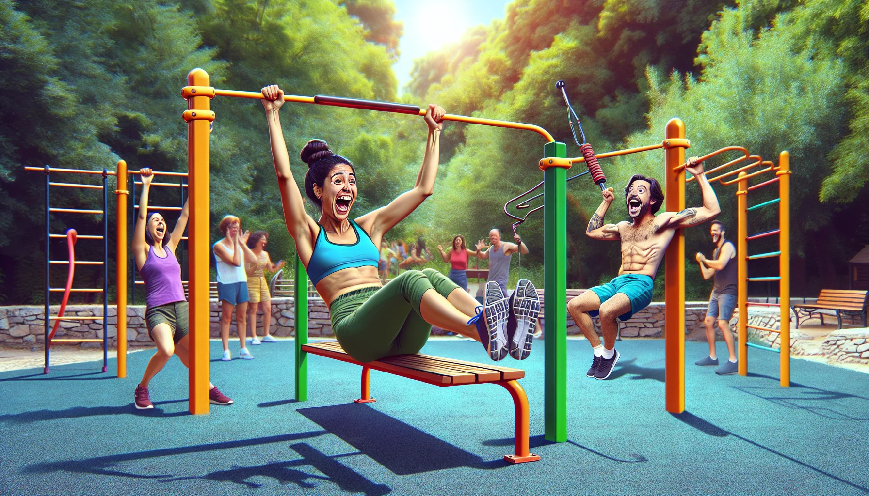 Paint an amusing scene promoting physical fitness. The setting is a well-equipped outdoor gym in a lush park on a bright sunny day. In the forefront, a Hispanic woman with her brunette hair tied up in a bun is doing an impressive set of calisthenic ABS exercises on a brightly colored horizontal bar, she is laughing while in perfect form. In the background, Caucasian man attempting to mimic her move on other bars, but tangled up in a comical and safe manner. A group of diverse onlookers react with a mix of amusement and motivation, inspiring them to join the fitness fun.