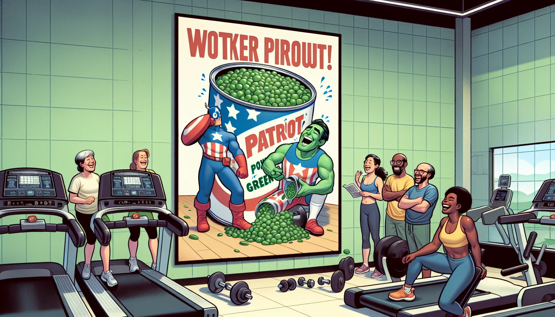 Imagine a humorously illustrated scene in a gym environment. The focus of the scene is a large, eye-catching poster on the wall. The poster shows a cartoon-like character, possibly a superhero, ironically struggling with a can of green vegetables, symbolizing 'Patriot Power Greens'. The character is sweating but smiling, suggesting the consumption of greens is a 'workout'. Nearby, diverse gym-goers, such as a middle-aged Caucasian woman on a treadmill, a young Hispanic man lifting weights, and a Black woman doing yoga, laugh at the poster, appearing more enthusiastic about their own less daunting workouts.