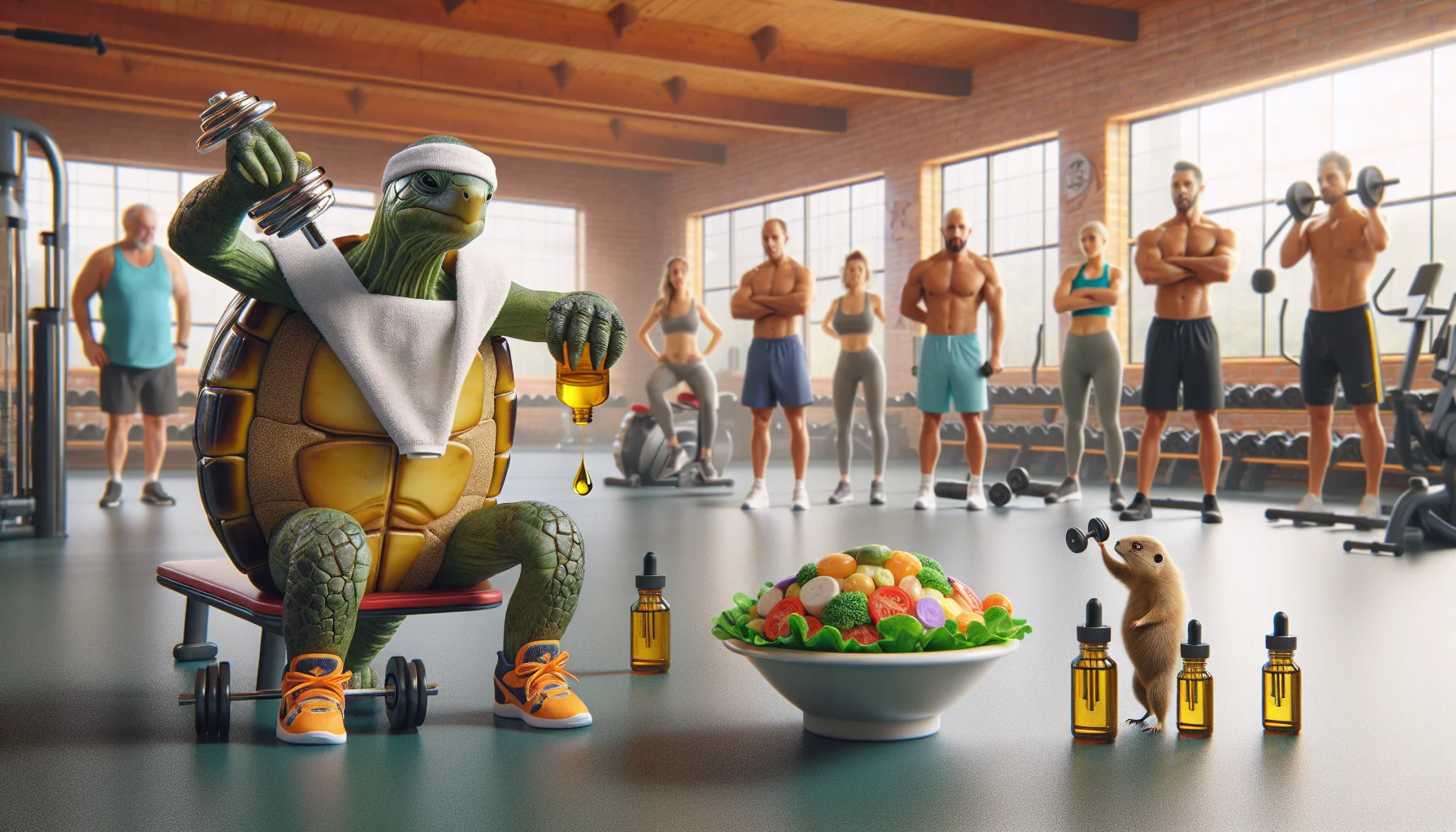 Generate a humorous, realistic image that depicts the concept of using CBD oil to enhance one's fitness and reduce anxiety. The scene takes place in a well-equipped, brightly lit gym. In the foreground, a fitness tortoise with a determined expression is working out with miniature weights, as a droplet of CBD oil is about to land on a mini salad next to him. Meanwhile, a crowd of various animals watches in awe, some wearing gym gear and demonstrating a variety of emotions from surprise, intrigue, amusement to awe. The setting should encapsulate a motivational and inviting atmosphere, encouraging fitness and peace of mind.
