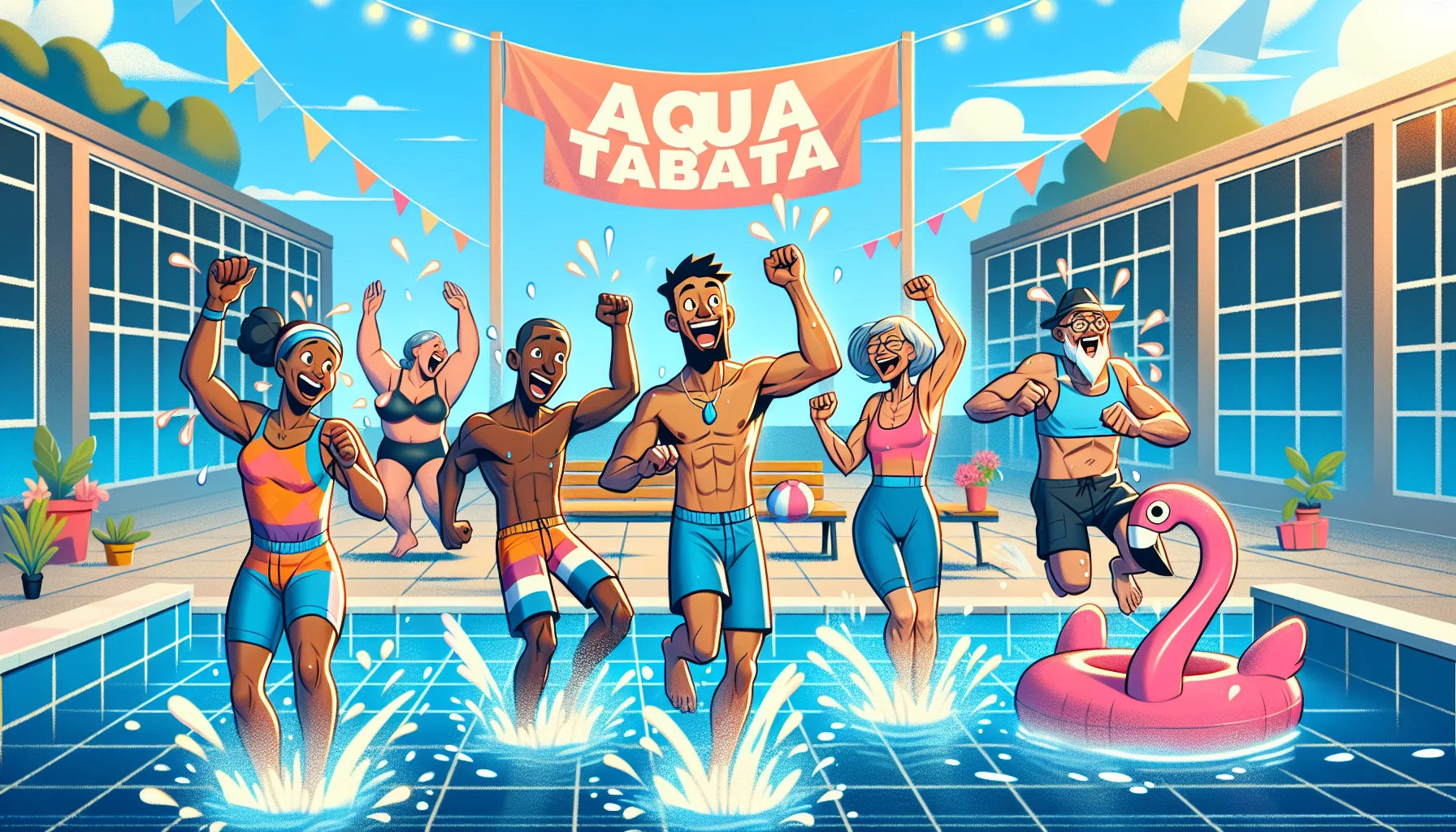 Craft a humorous and enticing scene inspired by aqua tabata. Visualize a community pool brightly lit under the summer sun, brimming with excitement and fun. Show a diverse group of participants including a Black man, a Caucasian woman, a Middle-Eastern elderly man, and a South Asian teenager, all splashing water in sync to an invisible beat. Add a sense of comedy with an overly enthusiastic instructor, a confused flamingo pool float caught in the aquatic upheaval, and a big sign in the background saying: 'Aqua Tabata: The Best Way to Make a Splash!'. Use this scene to inspire people to engage more in exercise.