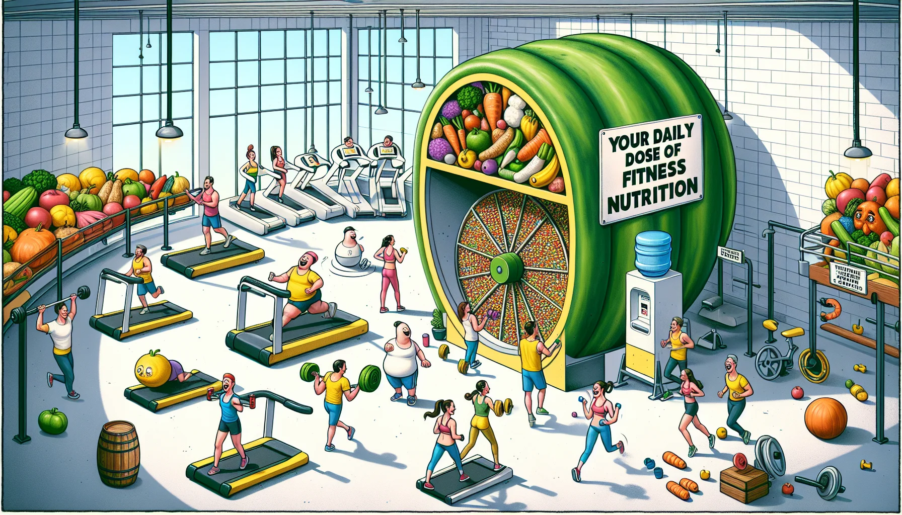 Create an image depicting a humorous fitness scenario. Imagine a room filled with quirky gym equipment, like dumbbells shaped like vegetables and a treadmill that looks like a giant hamster wheel. In the center of the room, instead of a water cooler, there's a giant dispenser labeled 'Your Daily Dose of Fitness Nutrition'. People of different genders, ages, and descents are laughing while participating in eccentric exercises, such as weightlifting with the veggie dumbbells and running on the hamster-wheel treadmill, all hinting towards the fun side of fitness.