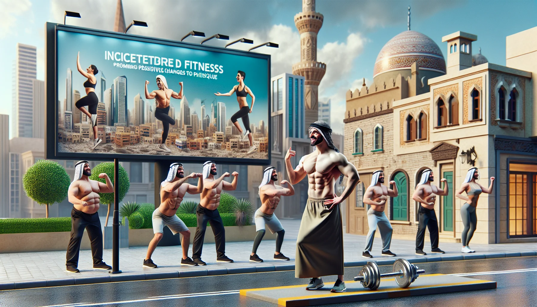Create an image showcasing a light-hearted scenario enticed towards fitness. Visualize a location similar to the fancy streets of a popular affluent neighborhood, complete with fine establishments and luxurious residences. Display an enthusiastic fitness instructor, of Middle Eastern descent, demonstrating exciting exercise routines that promise to lift, firm, and sculpt one's physique. In the background, include a large billboard depiction of before and after representations of the fitness routine promising positive changes in physique. Add humorous elements, such as passerby with amused expressions or amusingly exaggerated reactions to the fitness routines.