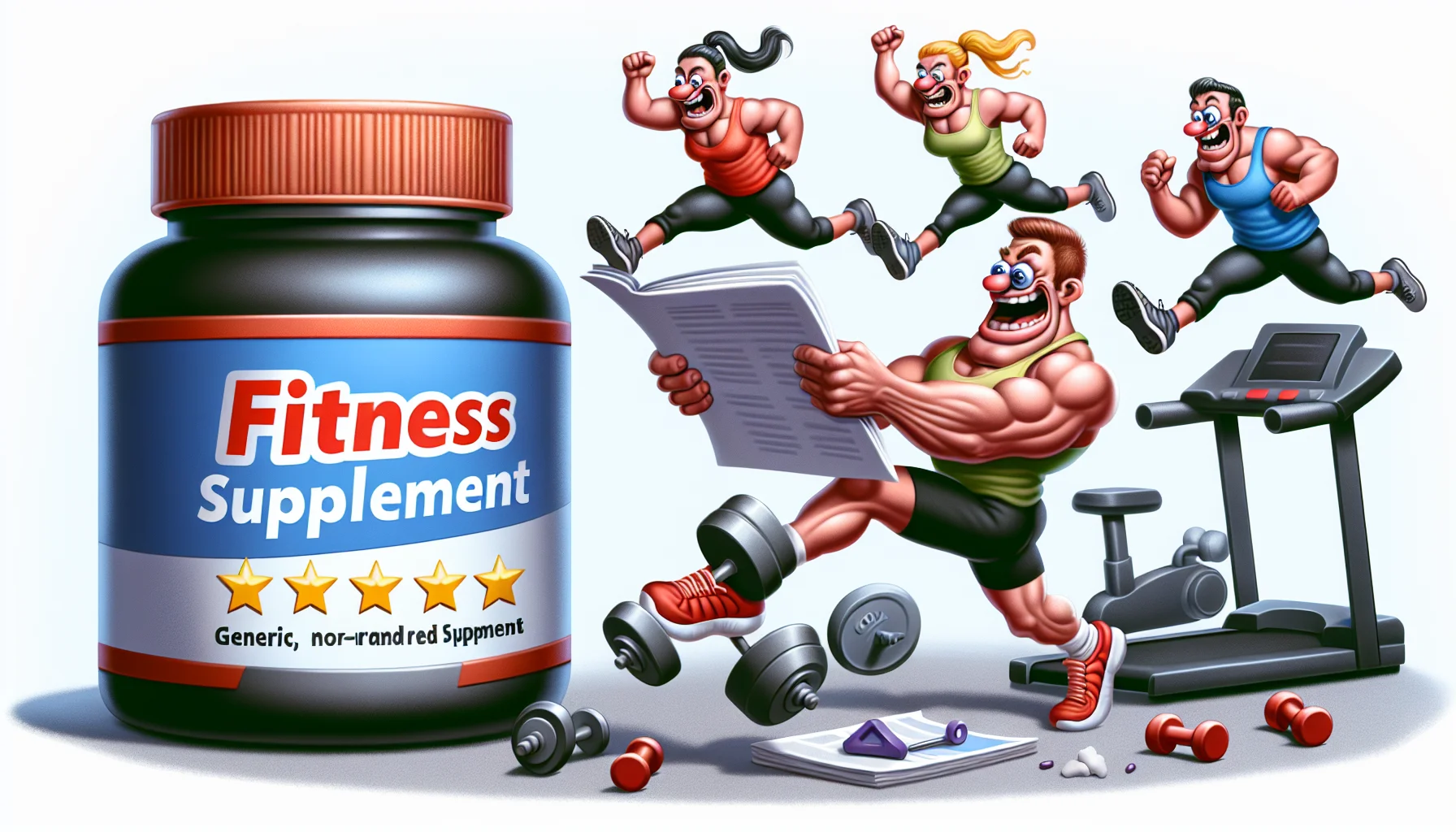 Create a caricatured image illustrating the reviews of a generic, non-branded fitness supplement. This scene should be in a humorous context that encourages people to exercise. Perhaps it shows humorous characters reading the reviews while performing exaggerated exercises like jumping jacks or running on a treadmill. The product itself can be symbolized by a generic bottle with the words 'Fitness Supplement' on it.