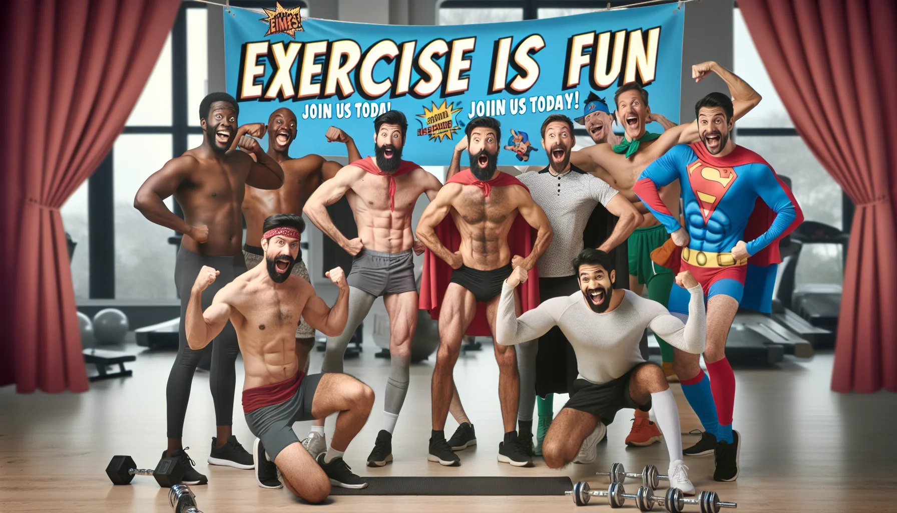 Create a humorous and enticing image that encourages a love for exercise. Picture a multicultural group of men, each of different descents including Caucasian, Hispanic, Black, Middle-Eastern, and South Asian, displaying the results of their body sculpting and fitness efforts. They are striking hilariously exaggerated superhero poses, demonstrating that exercise can be joyful and health-enhancing, not just hard work. Their clothes are loose gym outfits, and a variety of gym equipment is scattered around them. The backdrop is a bright, cheerful gym setting. In the foreground, a banner reads 'Exercise is fun - join us today!'