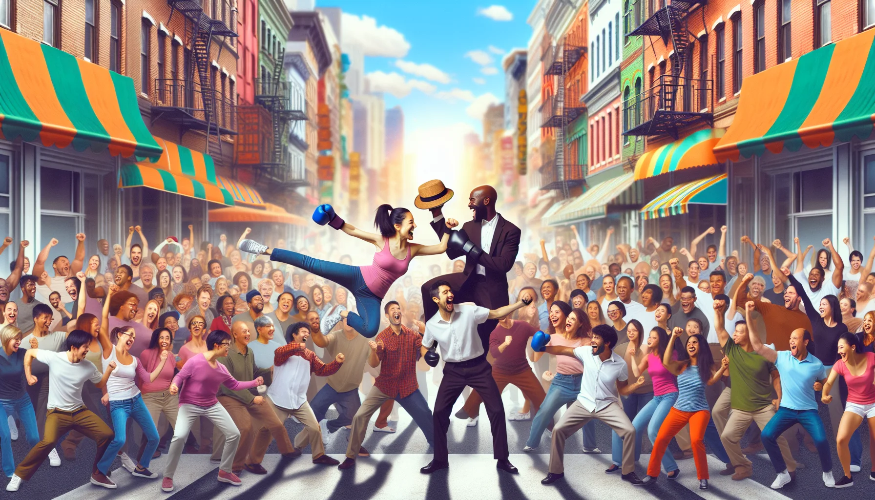 Create a whimsical image of a crowded, broad street filled with diverse individuals engaging in kickboxing exercise. Imagine an Asian woman and a Black man playfully sparring with each other while a group of enthusiastic onlookers cheer, each from different ethnic backgrounds like Hispanic, Middle Eastern and Caucasian. Insert a scene of a South Asian man doing high kicks which result in his hat flying off his head to captivate the essence of comedy, enticing people to exercise. Complete the scene with the street alive with vivid colors, and the sun shining brightly, promoting a healthy, active lifestyle.
