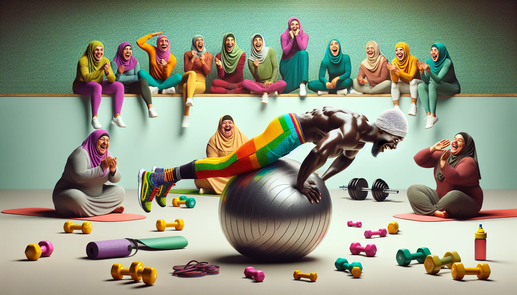 Create a lively, engaging image that showcases a hilariously rigged environment for performing calisthenics ab exercises. In the centre, place a Black male, lightly dressed in vibrant workout gear, executing a perfect plank on a ridiculously oversized Swiss ball. Fill the background with Middle-Eastern female onlookers, convulsed in laughter, dress them in comfortable, colourful activewear. Scatter around some fitness equipment - dumbbells, resistance bands, exercise mats - arranged in a comically haphazard manner. The goal is to promote a fun, welcoming atmosphere around the idea of incorporating ab exercises into a daily routine.