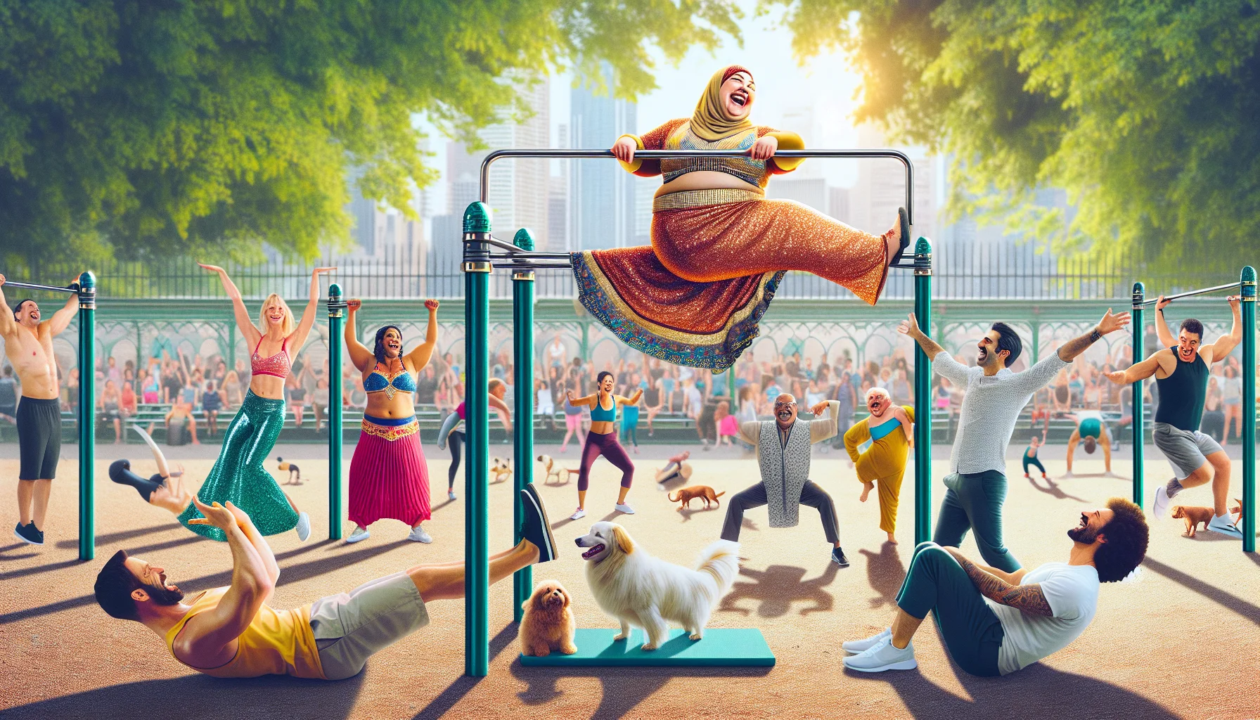 Imagine a humorous scene of a calisthenics ab workout at a public park. The view is filled with people of different descents and genders, all participating in the fancy and comical workout. A Caucasian woman is on a pull-up bar, belly-dancing mid-air, while a South Asian man does handstands with a huge grin on his face. A Middle Eastern woman is laughingly struggling with her push-ups as a white man humorously tries to use his pet dog as weights. The setting is bright, vibrant, and cheerful, subtly inspiring the viewers to join in the fun workout routine.