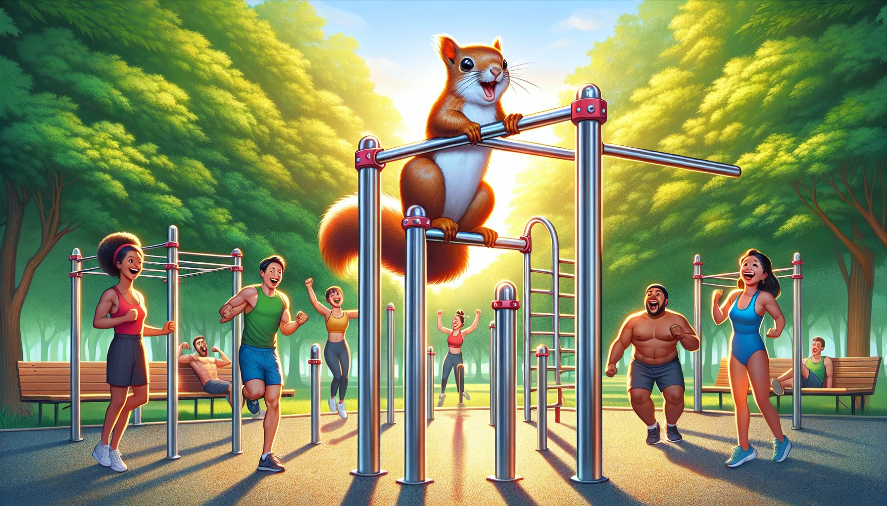 Create an image showing a lively outdoor park. In the center, there's a set of shiny metallic calisthenics bars, catching the sunlight and looking inviting. For a touch of humor, depict an energetic squirrel on the top bar, attempting to do pull-ups with exaggerated effort. Also, include human figures representing diversity, including a Caucasian woman, a Middle-Eastern man, and a South Asian child, all laughing and cheering and preparing to try their turn at the bars. The background is full of lush trees, painting a serene yet exciting scene of outdoor exercise and fun.