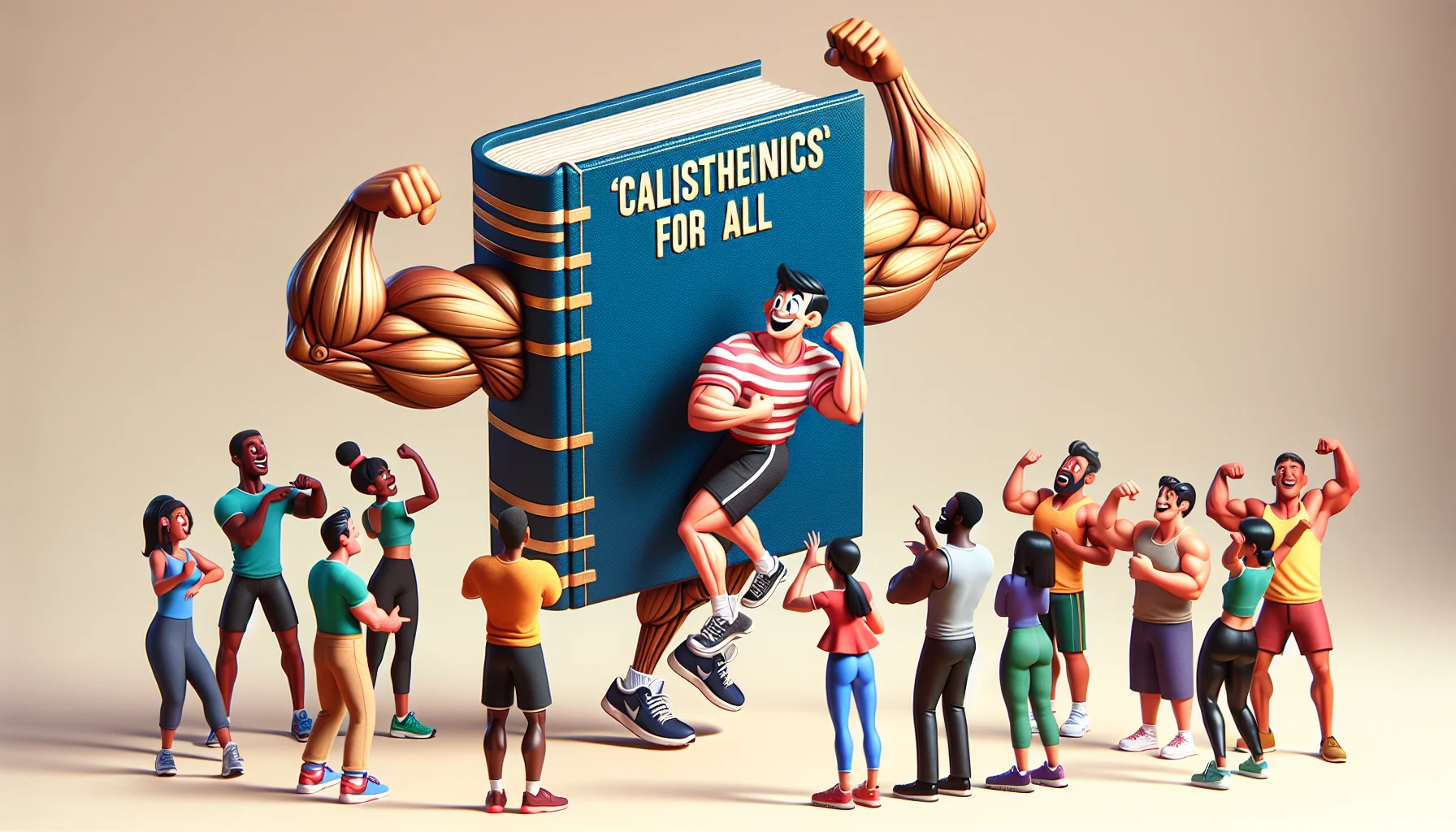Create an image of a humorous scenario featuring a book on calisthenics that inspires people to exercise. In the scene, an animated book is standing upright on one corner, flexing its 'muscular' pages, imitating a human exercising. The title of the book 'Calisthenics for All' is clearly noticeable. Nearby, a group of human characters, consisting of a Hispanic male, a Caucasian female, a South Asian female, and a black male are watching in amusement and awe. Some are laughing and pointing, others are mimicking the book, pretending to flex their muscles while looking eager to start exercising.