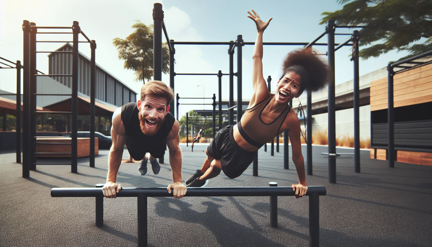 Generate a humorous and realistic image showcasing the disadvantages of calisthenics. Imagine a scenario where a Caucasian male and a black female are playfully struggling with complex bodyweight exercises such as planche and human flag. They are in a well-equipped outdoor fitness park, with their expressions revealing slight frustration. Despite the difficulty, they seem motivated and determined, suggesting a positive and enticing message towards exercising and overcoming its challenges.