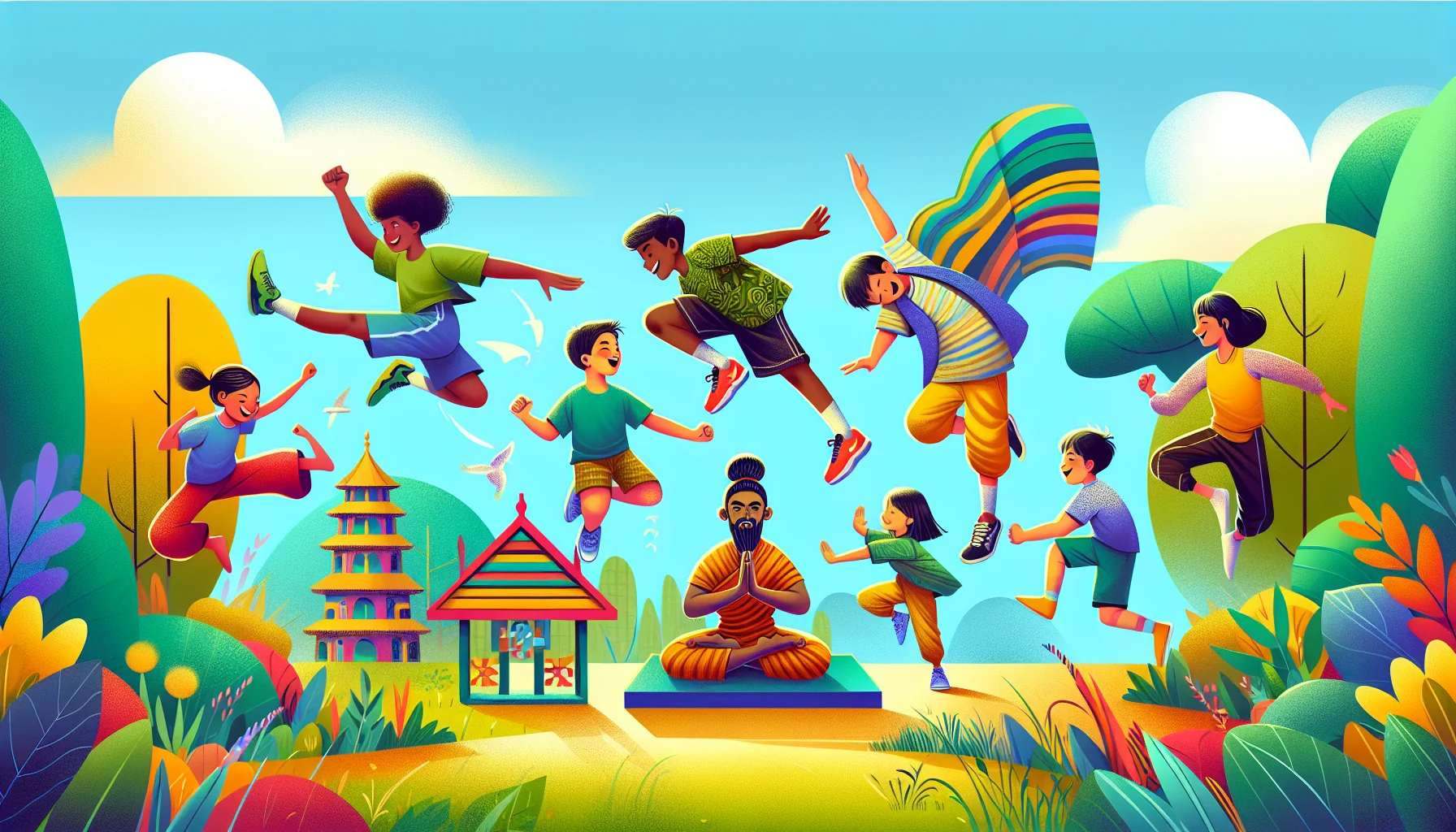Create a whimsically colorful and joyous scene capturing a diverse group of kids performing calisthenics exercises outdoors. There is a Caucasian boy doing jumping jacks, an African girl indulged in a playful plank position, a South Asian girl theatrically folding into a bridge pose and a Middle Eastern boy amusingly attempting a wall sit with a giddy look on his face. The background consists of bright blue skies and lush green foliage. The image should inspire onlookers with a sense of cheerful health enthusiasm.