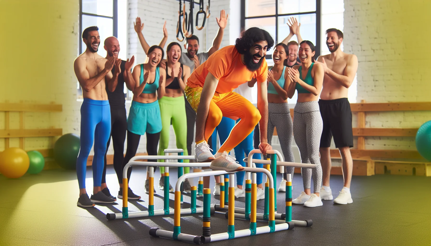 Imagine a humorous scenario that encourages exercise. The scene takes place in a bright, well-lit gym. On the floor are calisthenics parallettes. An energetic and smiling person of Middle-Eastern descent, dressed in bright workout clothes, is attempting to balance on the parallettes in an unusual and funny yoga position. Around them, a group of onlookers of various descents, including White, Black, South Asian, and Hispanic, both men and women, are laughing warmly and clapping their hands in amusement, encouragement written on their faces. The atmosphere is light, fun and welcoming, promising the enjoyment of exercise.