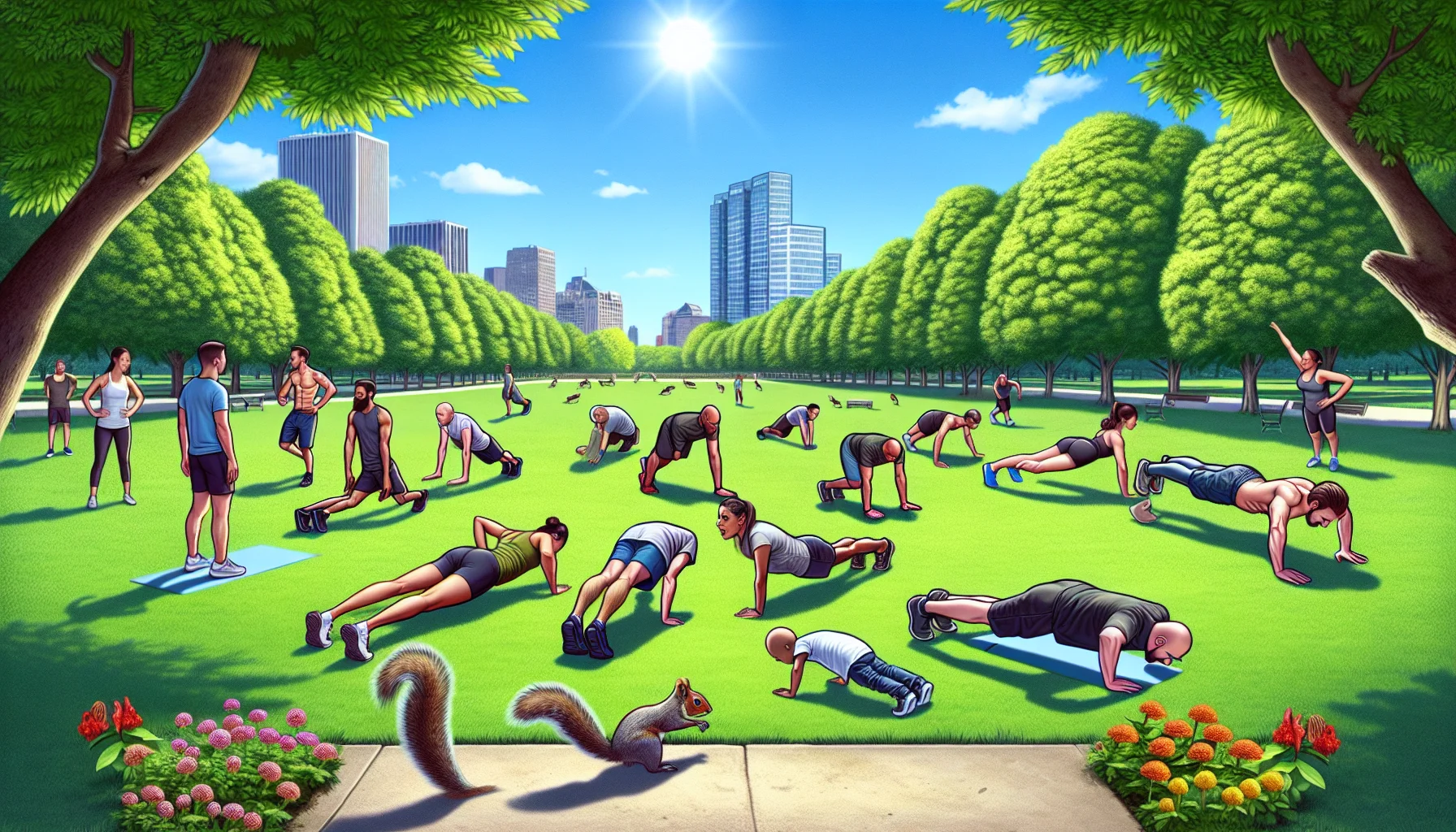 Create a satirical scenario in a public park on a sunny day where a group of individuals from various descents like Hispanic, Middle-Eastern, and African descent are engaging in the calisthenics push workout. The park is beautifully landscaped with vibrant green trees and blooming flowers with a clear blue sky overhead. Make sure to include a variety of humorous elements, such as a squirrel mimicry of the humans or a tree branch flexing as if doing pushups too. Remember to show the individuals having a lot of fun to encourage viewers that exercising can be enjoyable and fulfilling. The image should have a cartoonish, lighthearted vibe yet realistic representation of the workout and surroundings.