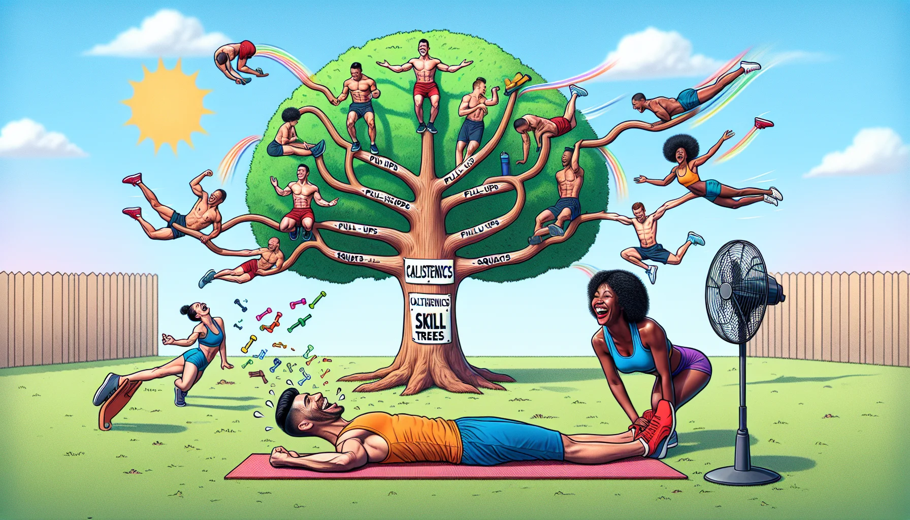 A comedic image showcasing a calisthenics skill tree, inviting viewers to engage in physical activity. In the center, there is a colorful tree with branches depicting various calisthenics exercises like push-ups, pull-ups, squats, etc. At the base of the tree is a cheerful and energetic male fitness instructor of Hispanic descent merrily demonstrating a plank. On the other side, a black female fitness enthusiast is laughing heartily, while successfully performing a handstand - blown slightly off balance by the 'breeze' from a fan. The entire scenario is set in a sunny park, inviting onlookers to participate in the fitness routine.
