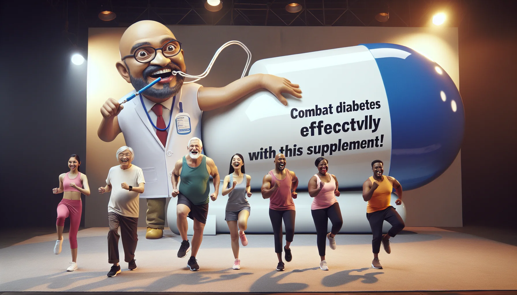 Generate a humorous and engaging scene, encouraging people to exercise. The setting is a stage where a giant supplement capsule is acting as a fitness trainer. The capsule wields a whistle, and is energetically leading a variety of people - a middle-aged Caucasian man, a young South Asian woman, a Hispanic senior citizen, and a Black teenager - through a fun workout routine. In the background, a banner reads 'Combat Diabetes Effectively with This Supplement!' to highlight the positive impact of the supplement in managing diabetes. All individuals are full of spirit, showcasing the notion that lifestyle changes can be enjoyable, not daunting.