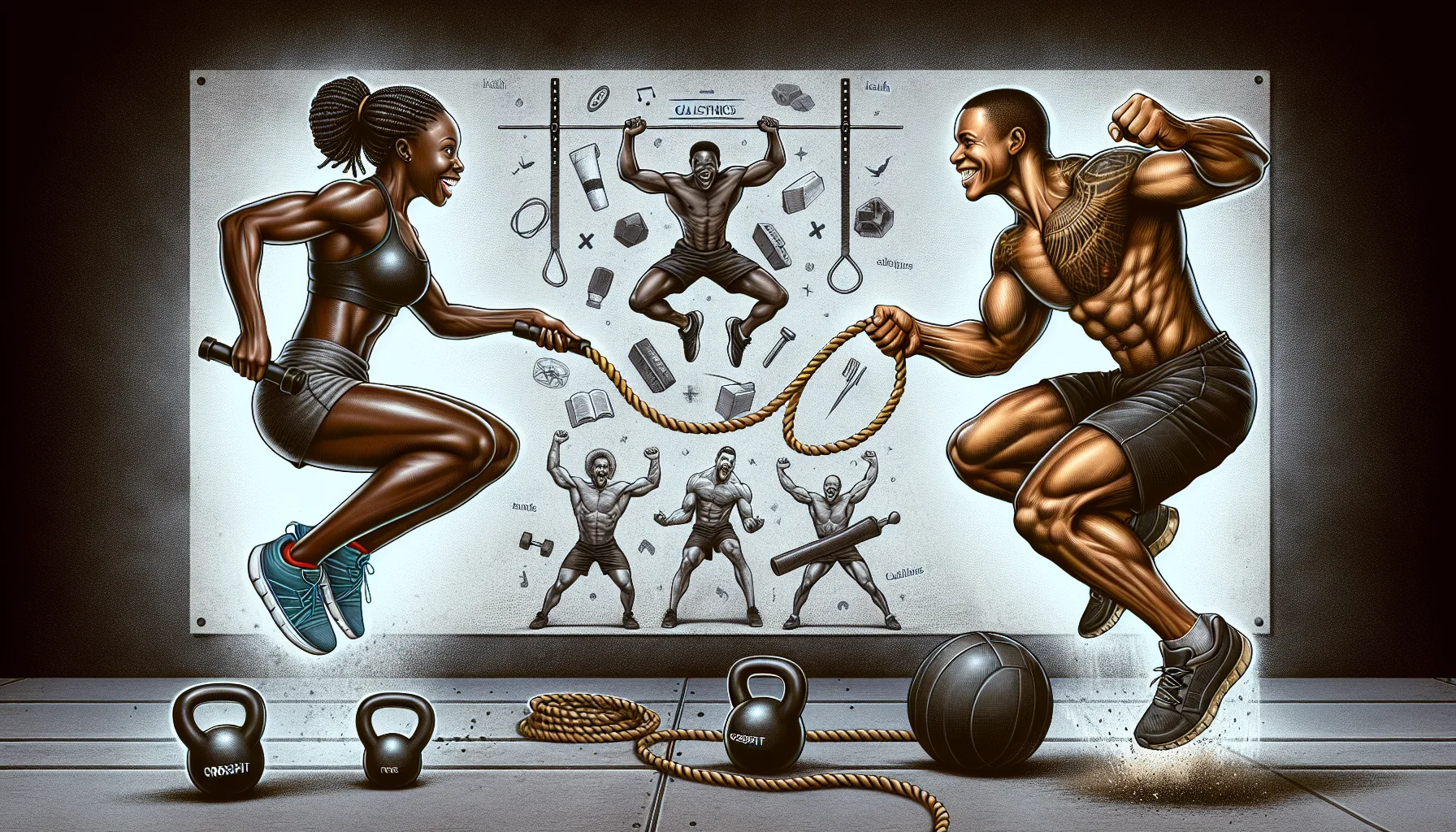 Craft a detailed and humorous image that showcases the friendly rivalry between two fitness activities: CrossFit and Calisthenics. On one side of the image, depict a strong, dedicated African female performing a dynamic CrossFit routine involving kettlebells and burpees. Contrast this with a muscular European male, performing a gravity-defying Calisthenics routine on the other side of the image, with incredible balance and strength. In the middle, emphasize a satirical, friendly tug-of-war between the two, using a jump rope. The background should be motivational, filled with symbols of health, discipline and fun, encouraging viewers to engage more in physical activities.