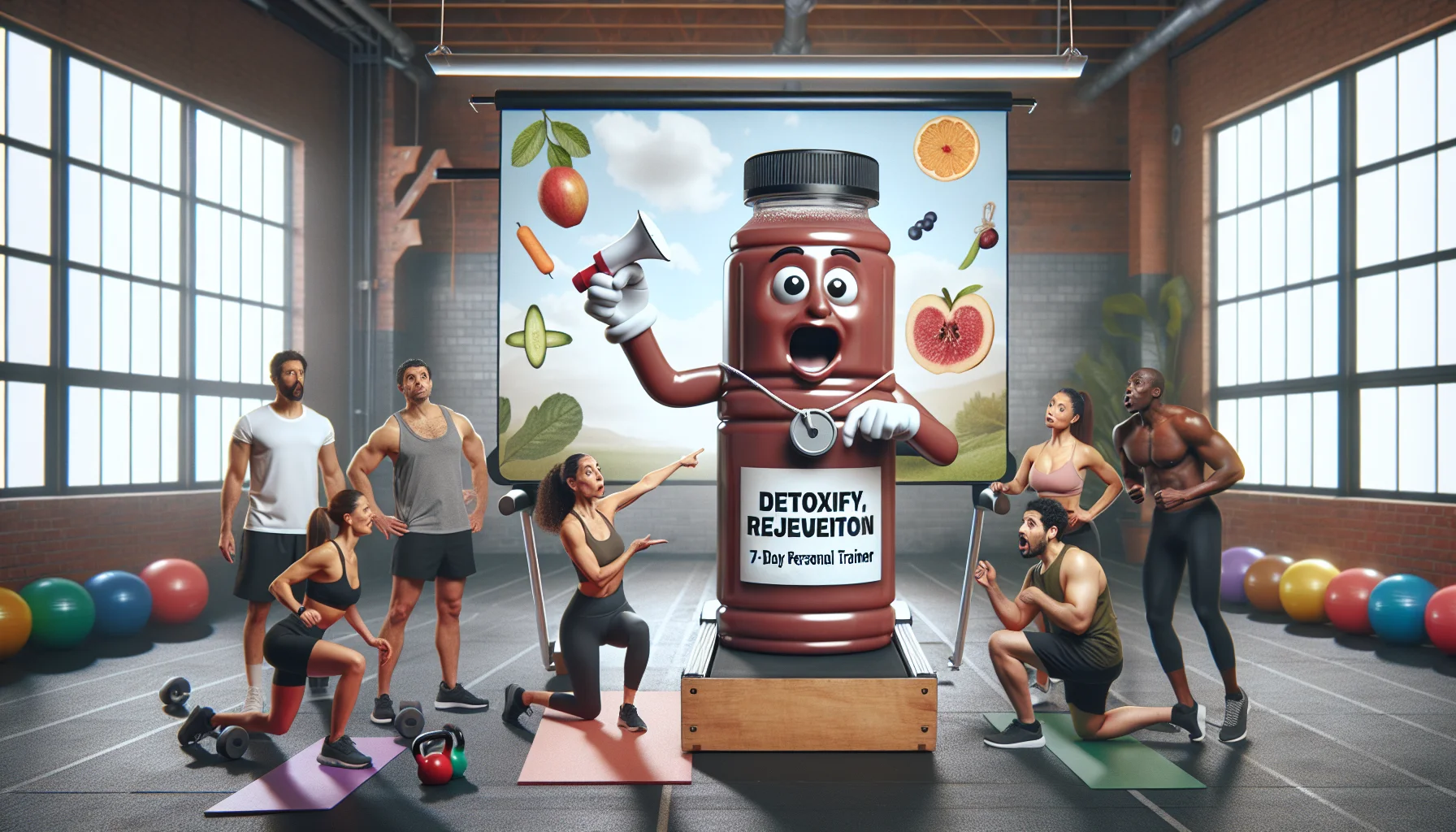 Visualize a humorous scenario highlighting Detoxify and Rejuvenate: A 7-Day Drink for Fitness Enthusiasts. Picture a gym setting where an animated bottle of the detox drink is dressed as a humorous personal trainer. With a whistle around its neck and a clipboard in hand, the bottle trainer motivates a diverse group of fitness enthusiasts. The fitness enthusiasts consist of a Caucasian male weight lifter, a Middle-Eastern female practicing yoga, a South Asian man on the treadmill, and a Black woman performing a kettlebell workout. Each individual showcases a surprised and intrigued facial expression with the detox drink displaying an encouraging demeanor.