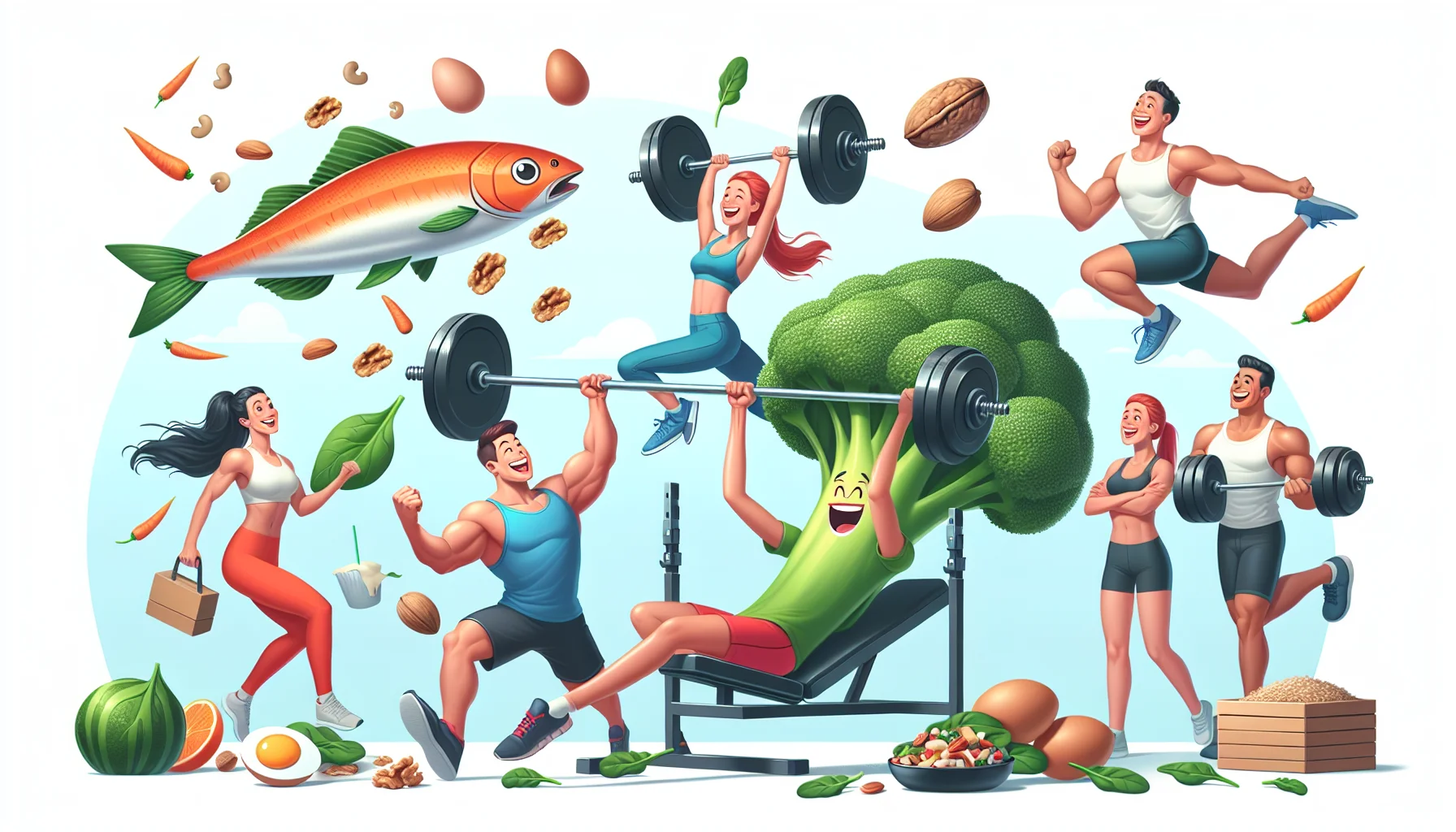 Produce a lively and humorous scene focused on fitness enthusiasts paying heed to diet tips to prevent hair loss. Let's visualize a health conscious scenario where fitness buffs of various descents and genders are involved in energetic actions like yoga, weightlifting, and running. They are cheerfully engaging with well-balanced food items known for promoting hair health such as spinach, nuts, and eggs, incorporated in creative ways. Maybe one is bench pressing a barbell made of giant broccoli, another is running after a flying salmon, or someone is doing yoga balancing a plate of nutritious food on their head.