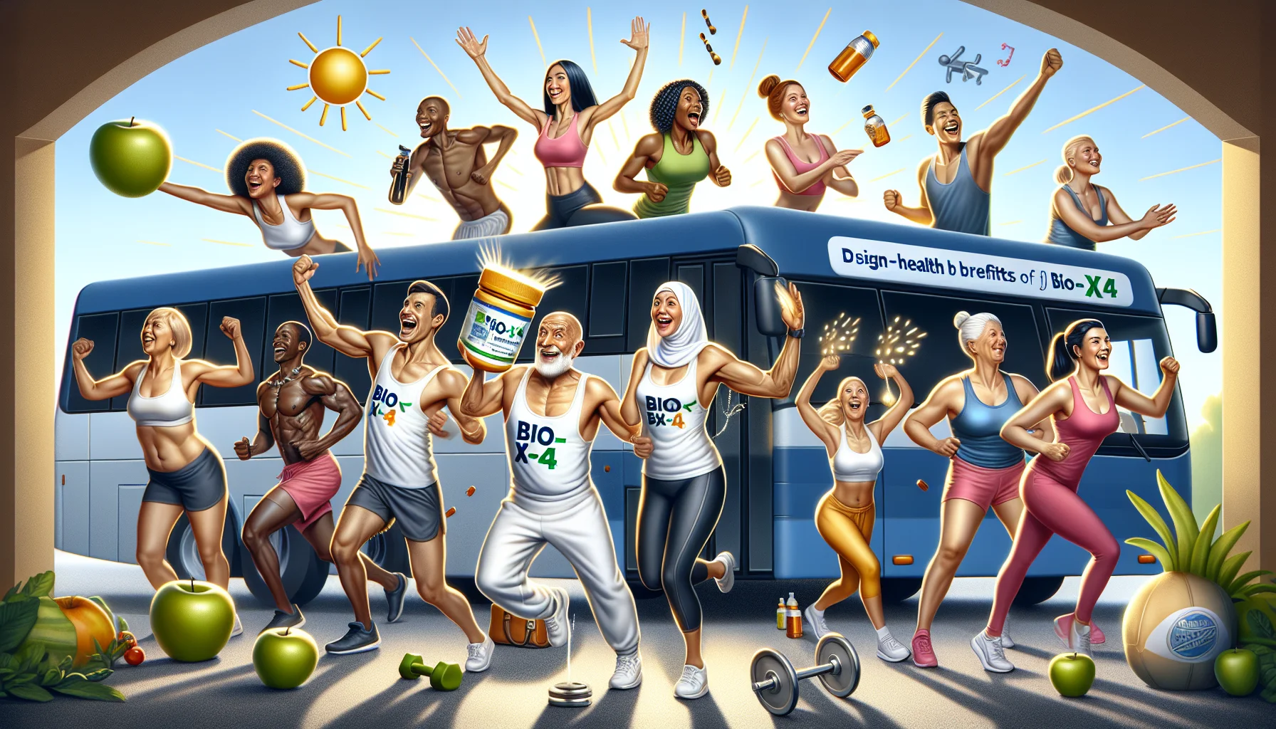 Design a creative and humorous scene promoting the health benefits of an abstract product named Bio-X4. The scene should depict diversified individuals of differing descents such as Caucasian, Hispanic, Black, Middle-Eastern, South Asian, and White engaging in various forms of exercise like yoga, jogging, weight lifting and skipping. Their expressions should evoke enthusiasm and leisure, encouraging viewers to join them in their active lifestyle. Vignettes of radiating health such as glowing skin, toned muscles, and vibrant energy should be prevalent within the scene. The Bio-X4 should be subtly incorporated as an element within the scene, perhaps as the logo on their training gear or as the banner on a bus passing by.