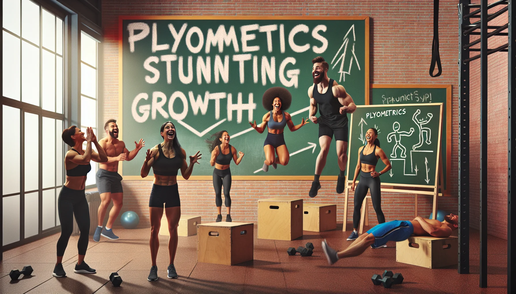 Imagine a humorous scenario in a gym where a group is participating in a plyometrics class. It's evident that these exercises don't stunt growth, showing a tall muscular woman of Hispanic descent leading the session, an Asian man bouncing on a box with ease, and a Black woman doing jump squats. In the background, a chalkboard has a comical, crossed-out theory of 'Plyometrics stunting growth' scribbled on it. Everyone's laughing and thoroughly enjoying the session. The atmosphere is upbeat and appears to encourage people to join in these fun, invigorating exercises.