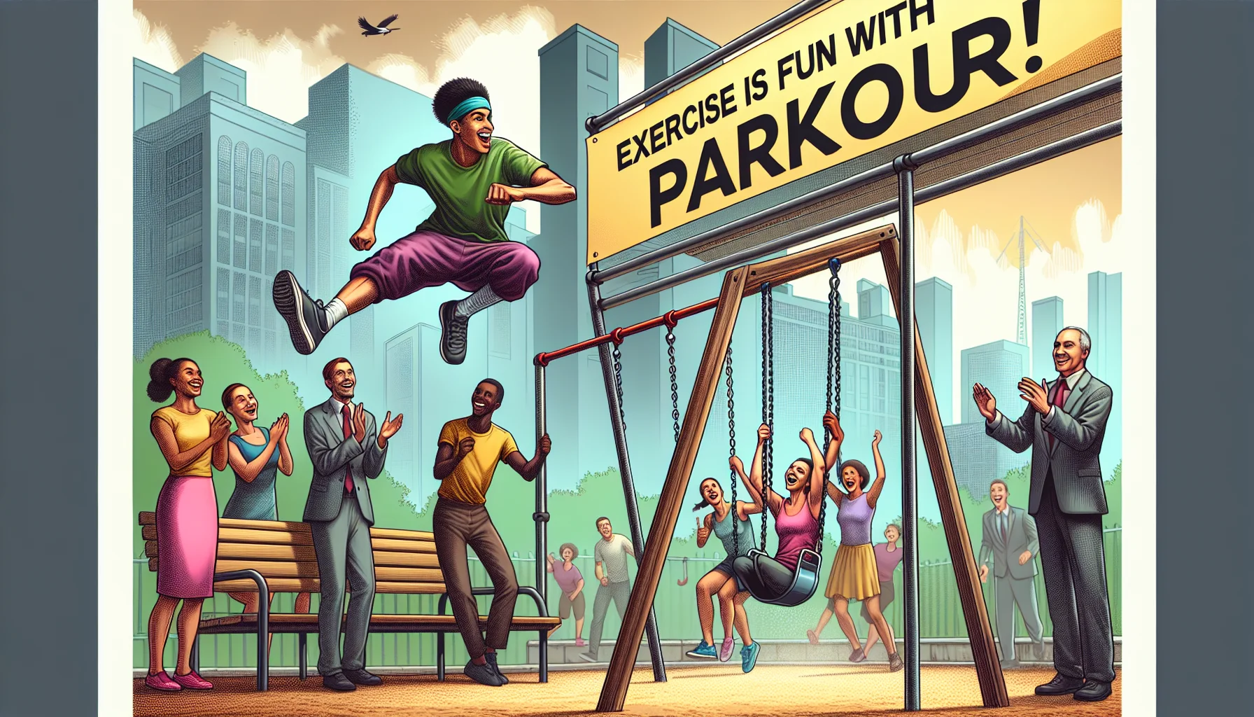 Create a humorous and realistic image of a lively parkour scene at an urban playground. You see a Hispanic female individual leapfrogging over a park bench while onlookers laugh and cheer her on. Not too far, a Black male participant uses the swing set as his obstacle course, swinging from one bar to the next in an adventurous fashion. There's an encouraging banner overhead with the words 'Exercise is fun with Parkour!.' The entire atmosphere of the image is filled with excitement, engagement, and humor, encouraging the viewer to join in the practical exercise regimen of parkour.