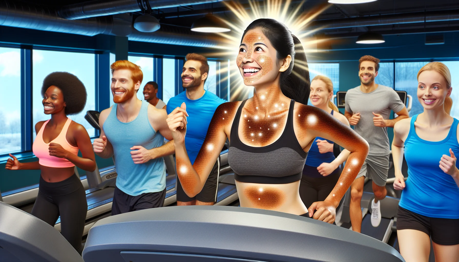 A humorous, lighthearted situation where exercise results in a radiant glow and the reduction of dark spots. Set in a well-equipped fitness center filled with a diverse group of people of all body shapes, ages, and descents including Caucasian, Hispanic, Black, Middle-Eastern, South Asian, and White. They are engaging in various exercises, from strength training to cardio workouts. At the heart of the image, a cheerful South Asian woman is jogging on a treadmill, her skin dramatically glowing. Dark spots on her face appear to be magically vanishing, creating a halo of radiant light around her that is attractive and motivating others to continue their workout.