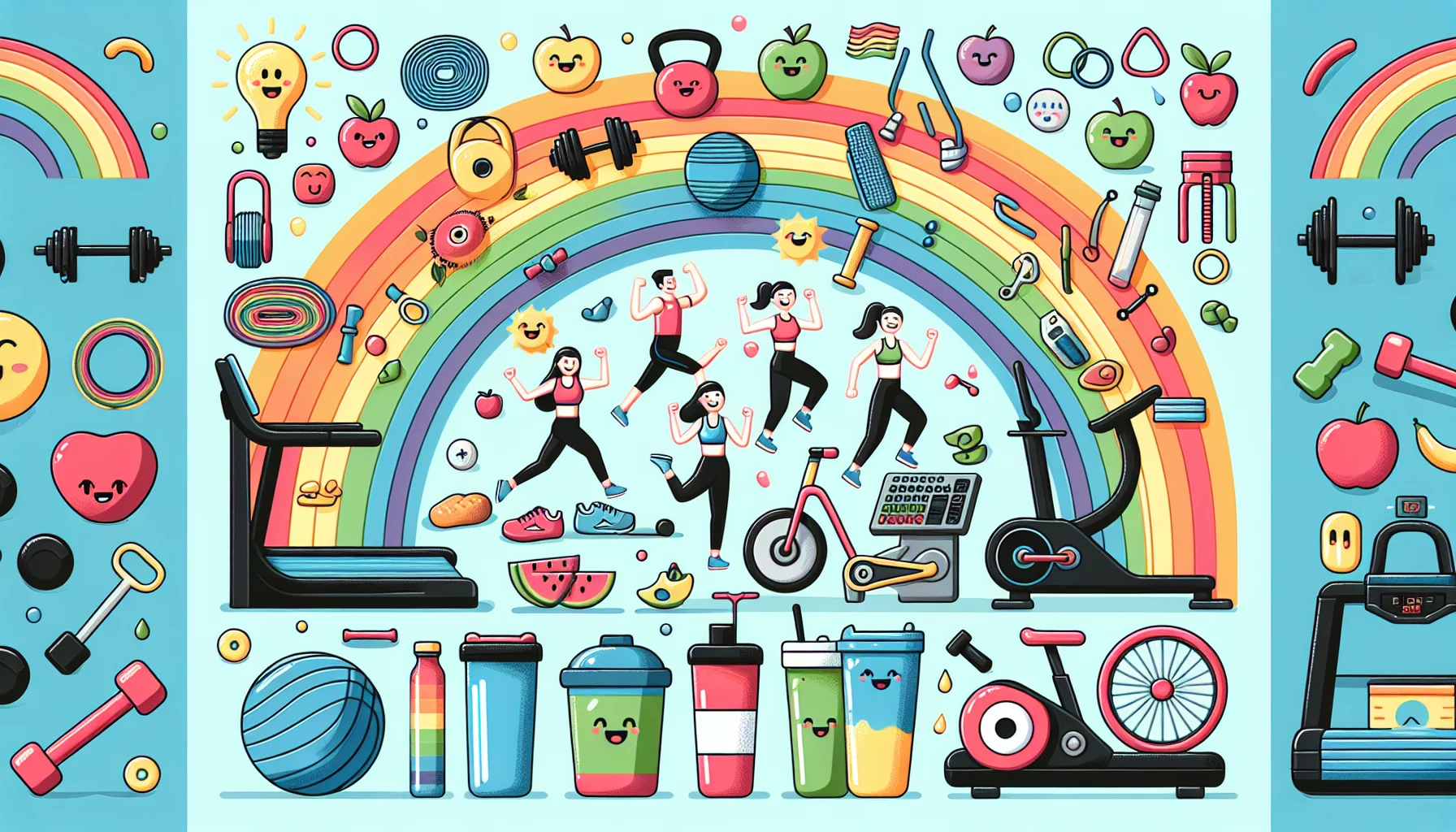 Create an engaging and humorous image that depicts various essential items for a fitness journey. The setting is in a colorful gym. Feature a variety of fitness equipment like resistance bands, weights, and a yoga mat, along with some amusing elements like cute cartoon weights with faces and an exercise bike with a rainbow trail coming out from it. Also incorporate healthy foods like apples, water bottle, and protein shakes. Portray people of diverse descents and genders actively exercising, laughing, and having a great time while using the equipment and essential items.