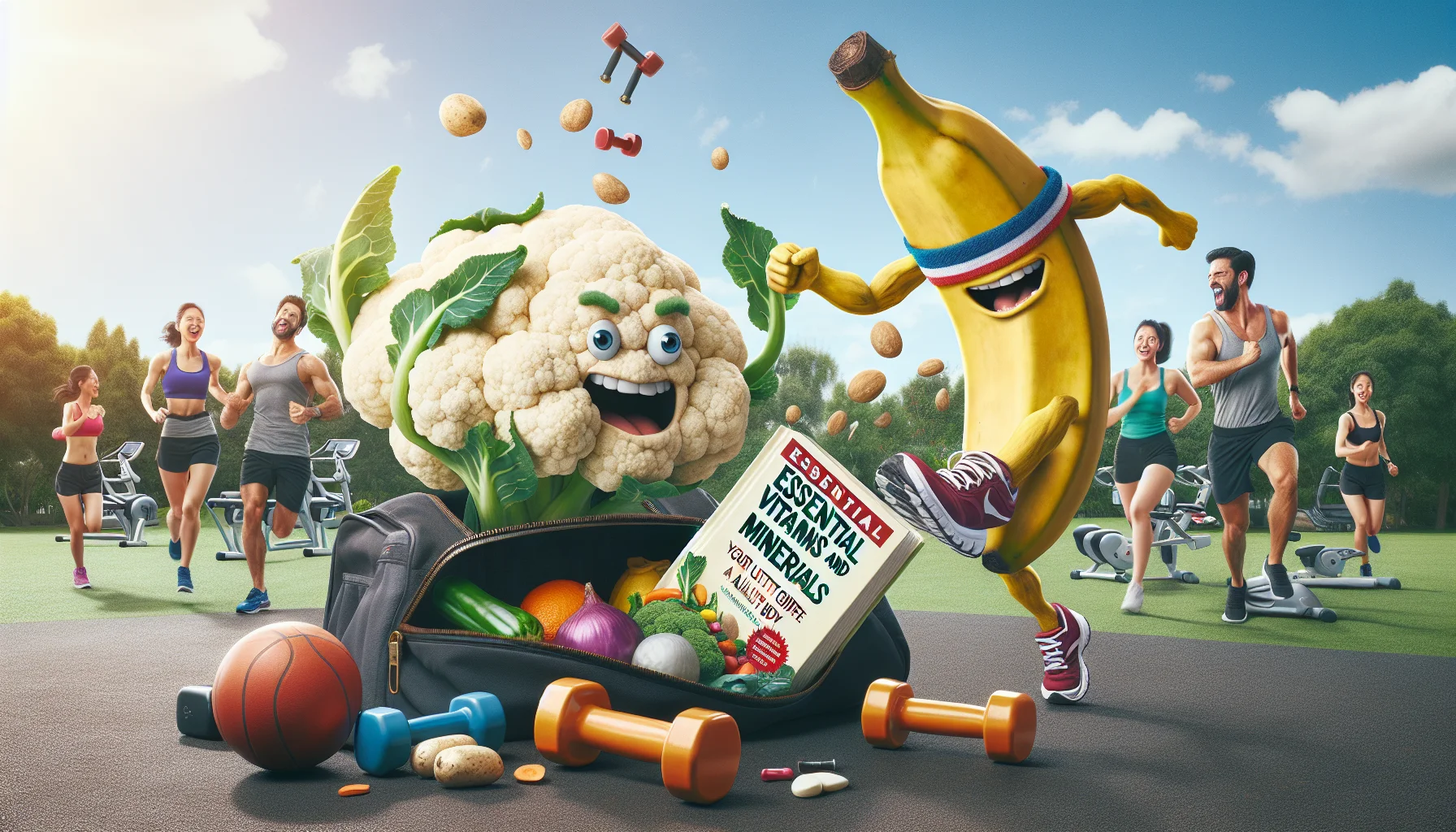 Craft a realistic image of a humorous scene that captures the essence of a healthy lifestyle. This scenario includes a display of 'Essential Vitamins and Minerals: Your Ultimate Guide for a Healthy Body' book in an amusing manner. The book is flying out of an open gym bag in the midst of various exercise equipment. A cauliflower in running shoes and a banana in a sweatband (both anthropomorphized) are playfully chasing after it. They are in an outdoor park with people of different genders and descents also engaging in diverse physical activities in the background, advocating the importance of exercise for a healthy body.