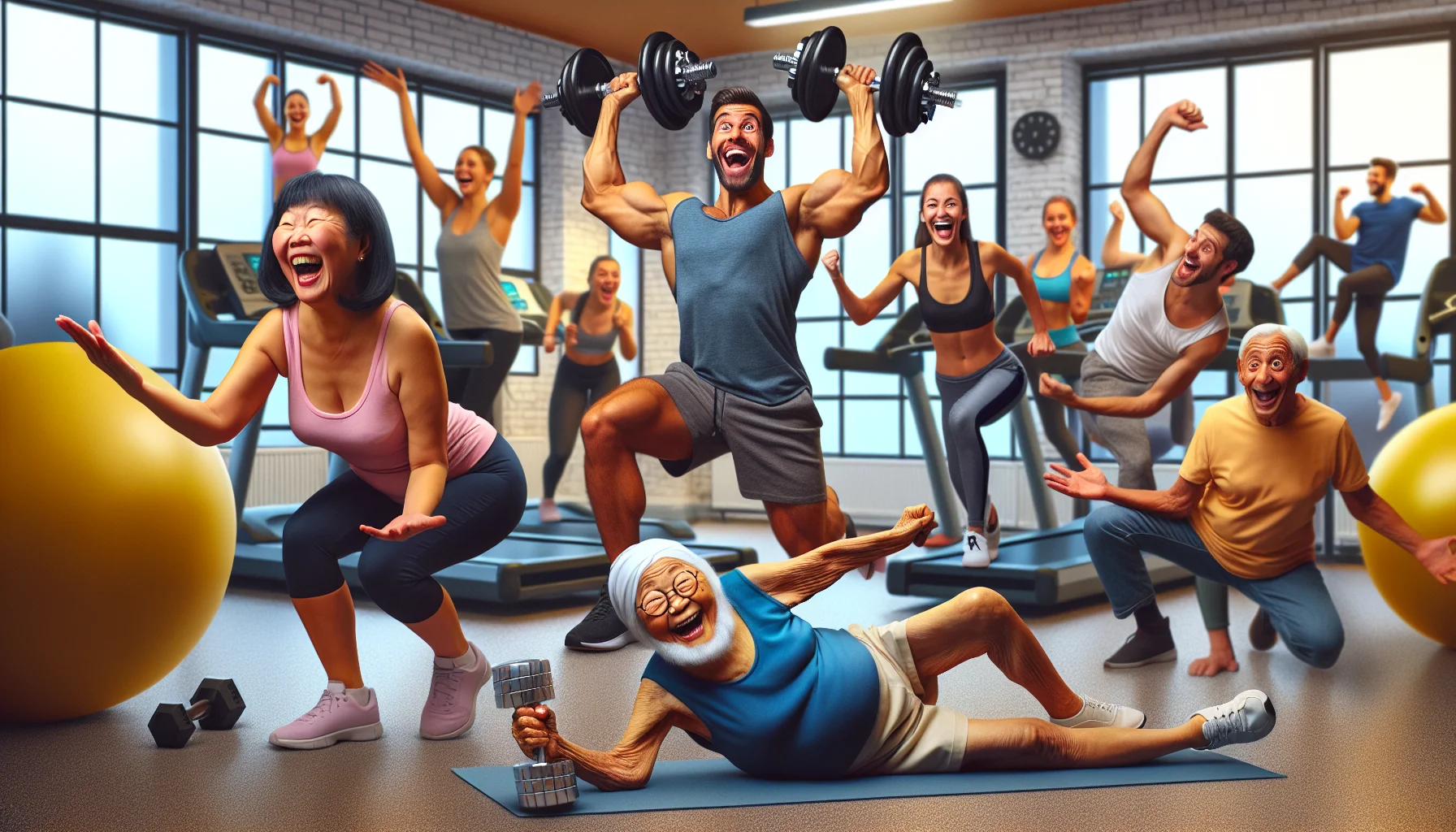 Imagine a hilariously engaging scenario that inspires people to take up physical fitness. Picture this: In a brightly lit gym, a Caucasian male fitness coach effortlessly lifts heavy dumbbells, while an elderly Asian woman, surprising everyone, performs Yoga with more flexibility than a teenager. Excitedly, a Black female and a Middle Eastern guy in their mid-twenties excitedly compete to finish off their reps on the treadmill. All around, people of various ages and body types are inspired and laughing, enjoying the infectious positive energy that promotes a healthy lifestyle.