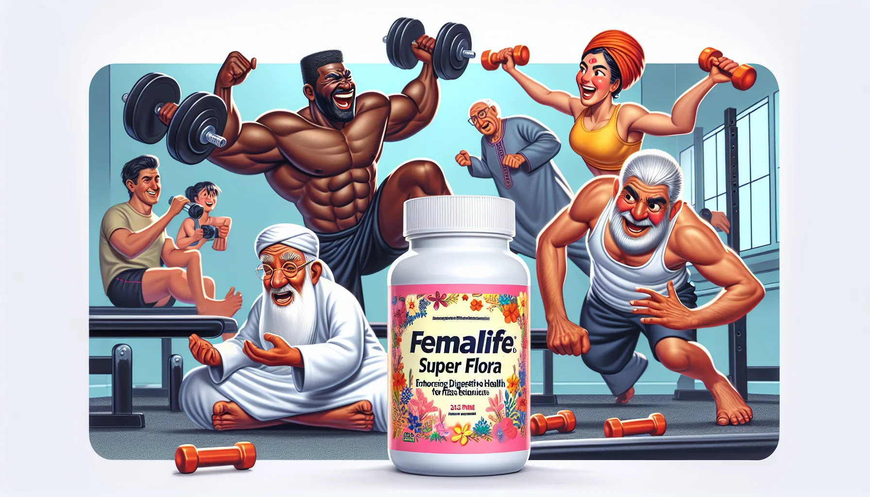 Picture a humorous scenario featuring people getting ready for a fitness session. The foreground shows a vibrant bottle of FemaLife Super Flora Probiotics labeled as 'Enhancing Digestive Health for Fitness Enthusiasts', alongside humorous depictions of energetic characters. Show a muscular Black man laughing as he struggles to open a jar of protein, a South Asian woman in gym attire attempting a yoga pose while precariously balancing her probiotics bottle on her head, and a Middle-Eastern elderly man running towards them holding hand-weights, with an eager look on his face, emphasizing the fun and importance of keeping fit and healthy.