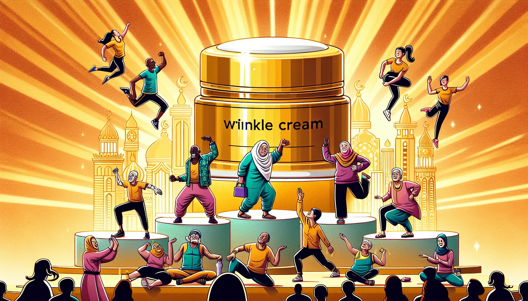 Create an image of a comical scene that merges beauty and fitness. Picture a highly exaggerated wrinkle cream jar, radiating a luminous golden glow, placed triumphantly on a pedestal. Nearby, a group of diverse people of different genders and descents are hilariously attempting various exercises as if in a desperate bid to reach the coveted wrinkle cream - a Black female doing jumping jacks, a White male straining with sit-ups, a South Asian female in a laughably incorrect yoga pose and a Middle-Eastern male precariously balancing on one foot. This fitness pandemonium is being observed by an amused Hispanic female dressed as a beauty specialist holding a sign saying 'Get Fit, Stay Beautiful'. The predominant vibe of the image should be lighthearted and fun, enticing people to join the fitness rush.