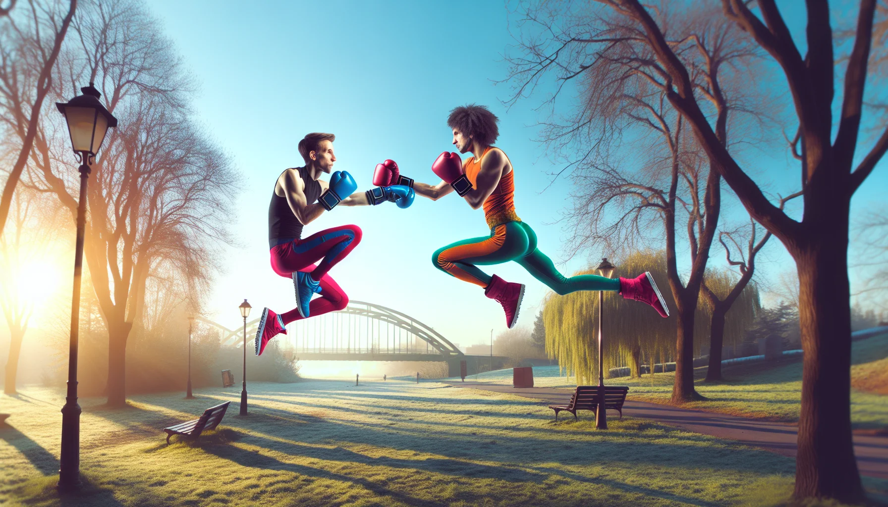 Design a playful image to stimulate laughter and interest in fitness. Picture a Caucasian male and a Black female in mid-air, performing fly kickboxing. They should be viewing each other with competitive and cheerfulness, both wearing vibrant color workout clothes. The setting is an open-air park surrounded by trees. It should appear like gravity has taken a break, both of them are suspended mid-air, their kickboxing gloves meeting in a friendly 'high-five'. Play around with exaggerated effects like action lines to capture the dynamics of the situation. This is all set against the backdrop of a crisp, blue morning sky.