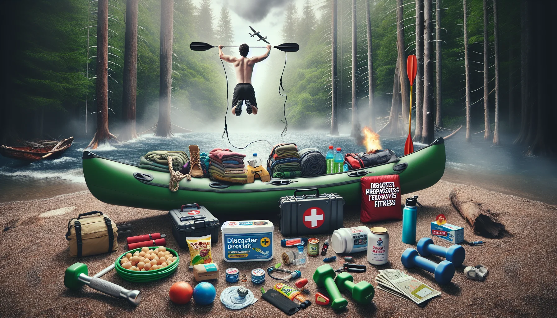 Create a humorous and engaging image depicting a disaster preparedness kit designed to promote fitness. Imagine this kit as being filled with creative tools for exercise and survival like lightweight dumbbells, a jump rope, a compact inflatable canoe, portable protein snacks, drinks, first aid supplies, and a detailed fitness guide. The scenario should be playfully dramatic, perhaps showing an enthusiastic individual using the kit while camping in a dense forest or while stranded on a deserted island. The image should encourage people to find joy in exercise even in challenging circumstances.
