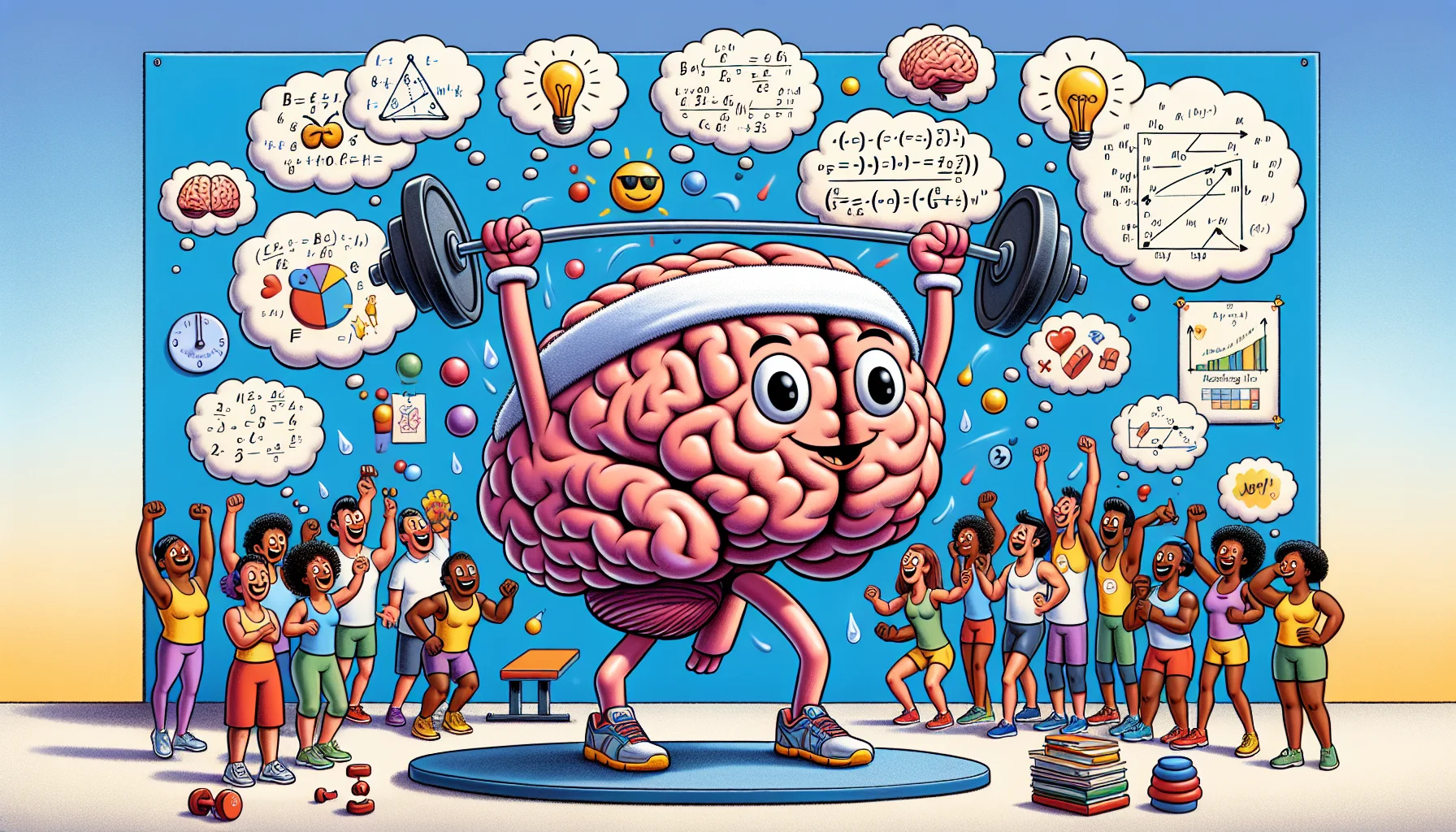 Generate an image that portrays a humorous and engaging scenario around the concept of brain enhancement. Picture a scene where a large human brain is joyfully lifting weights, symbolizing exercise. This brain is wearing a sweatband and has an expression of determination. There are thought bubbles around it showing it successfully solving complex mathematical equations and creative ideas, representing the 'Geniux' effect. Around this, enthusiastic bystanders of different genders and descents, such as a Hispanic woman, an African man, and an Asian person, are cheering it on. Text at the top of the image reads 'Geniux: Separating Fact from Fiction in Brain Enhancement'. The overall tone of the image is light-hearted and motivational, encouraging viewers to engage in physical fitness for mental enhancement.