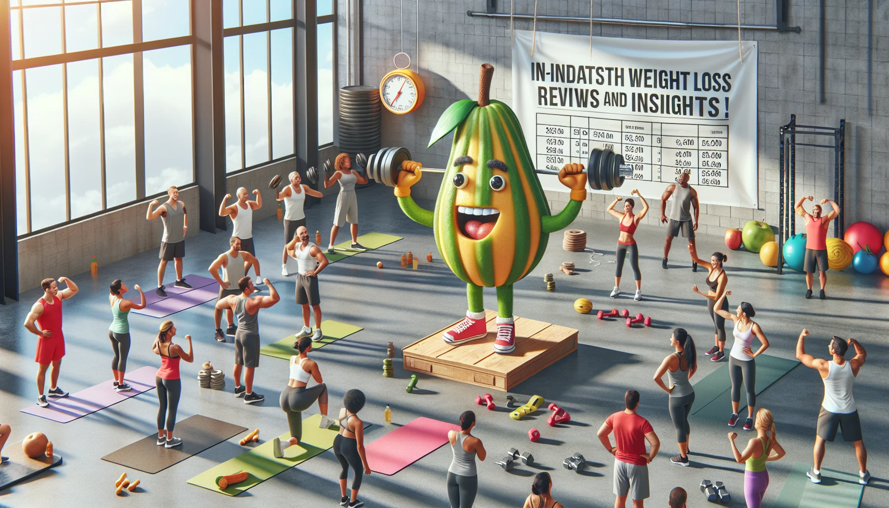 Create an imaginative and humorous scenario displaying the benefits of a diet plan, where a characteristic fruit figure is guiding people through exercises. The scene is set in a brightly lit and spacious gym. There's a realistically drawn fruit figure, wearing a fitness trainer outfit, enthusiastically demonstrating the art of weight lifting. Around him are men and women of various descents, such as Caucasian, Hispanic, and South Asian, engaged in different exercises with dumbbells, resistance bands, and yoga mats. A giant letter scale in the background reveals drastic weight loss numbers. Overhead, a banner reads 'In-Depth Weight Loss Reviews and Insights', adding a lighthearted yet encouraging atmosphere.