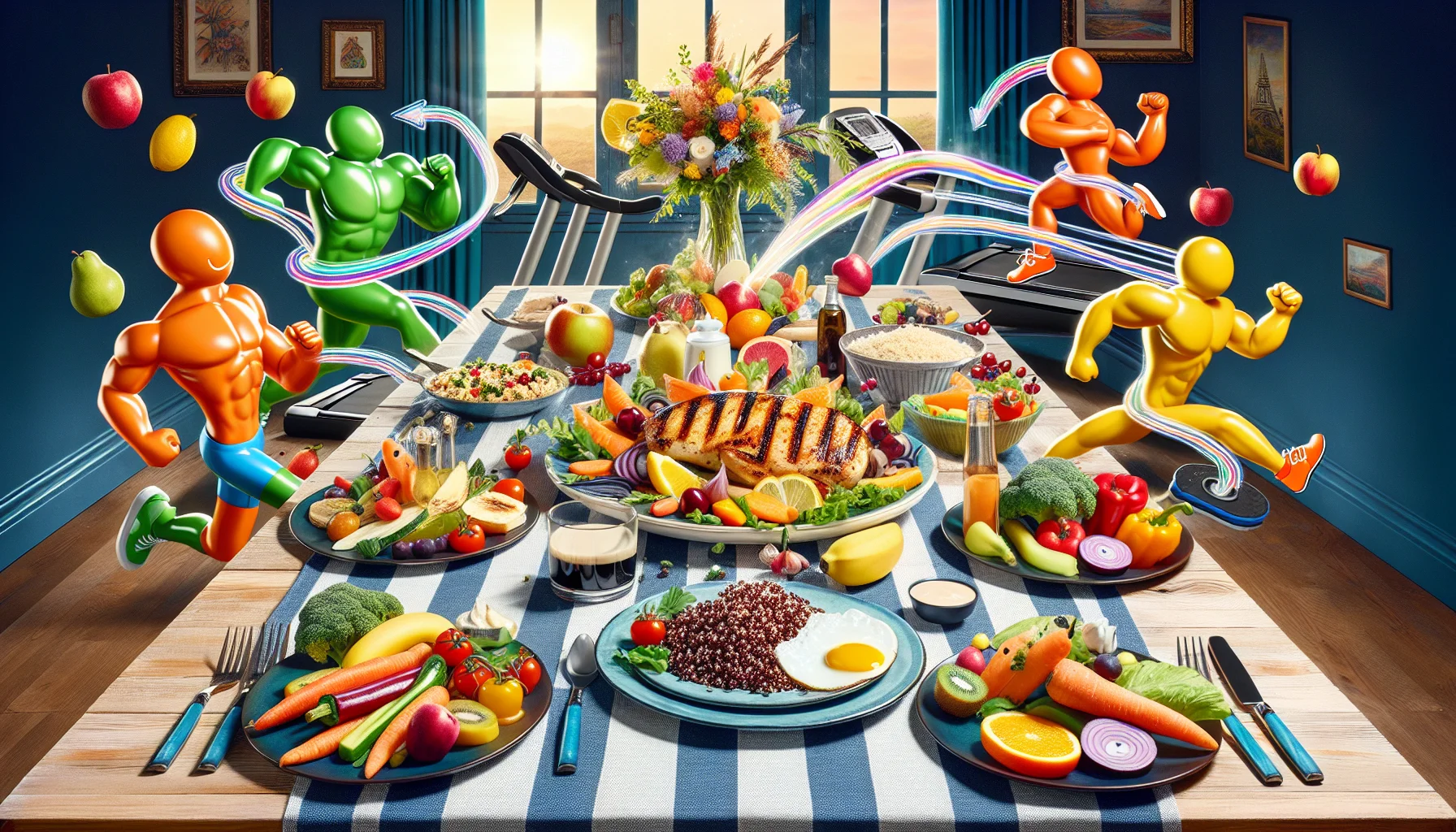 Generate a vibrant and humorous image illustrating an enticing scenario for a healthy dinner. Picture a colorful variety of nutritious foods (grilled chicken breast, steaming quinoa, roasted vegetables, and fresh fruits) laid out on a beautifully arranged dining table. In the scenario, humorous cartoon characters representing different types of exercise equipment (a treadmill, a yoga mat, dumbbells) are playfully trying to grab or reach for the food on the table. The overall mood of the image should be energetic and inviting, promoting the idea of 'Fueling your fitness with taste'