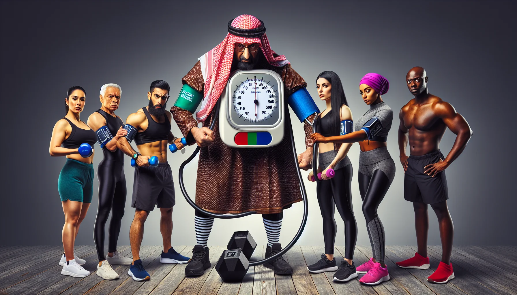 Create a humorous, realistic image that symbolizes high blood pressure as a silent threat in the world of fitness. The main scene could feature a large, intimidating blood pressure monitor dressed in workout gear, trying to strike fear into a diverse group of people also in their gym attire. They could include a Middle-Eastern woman, a Hispanic man, a South Asian man, and a Black woman, who instead see the funny side and are more motivated to exercise, showcasing dumbbells, skipping ropes, or running shoes ready to workout.