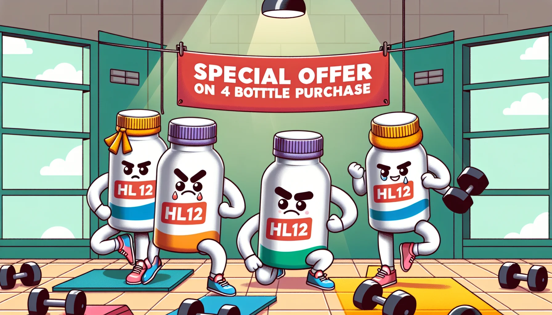 Depict a humorous scenario where four bottles of a generic health supplement labeled 'HL12: Special Offer' are engaging in an exercise class together. Create the setting as an upbeat, colorful gym. The bottles could be seen wearing sweatbands and performing exercises such as aerobics or weight lifting. Their shapes could even be slightly anthropomorphized to make them akin to cartoon characters. In the background, include a banner with words 'Special Offer on 4 Bottle Purchase', worded in a playful, enticing way to encourage the viewer's participation.