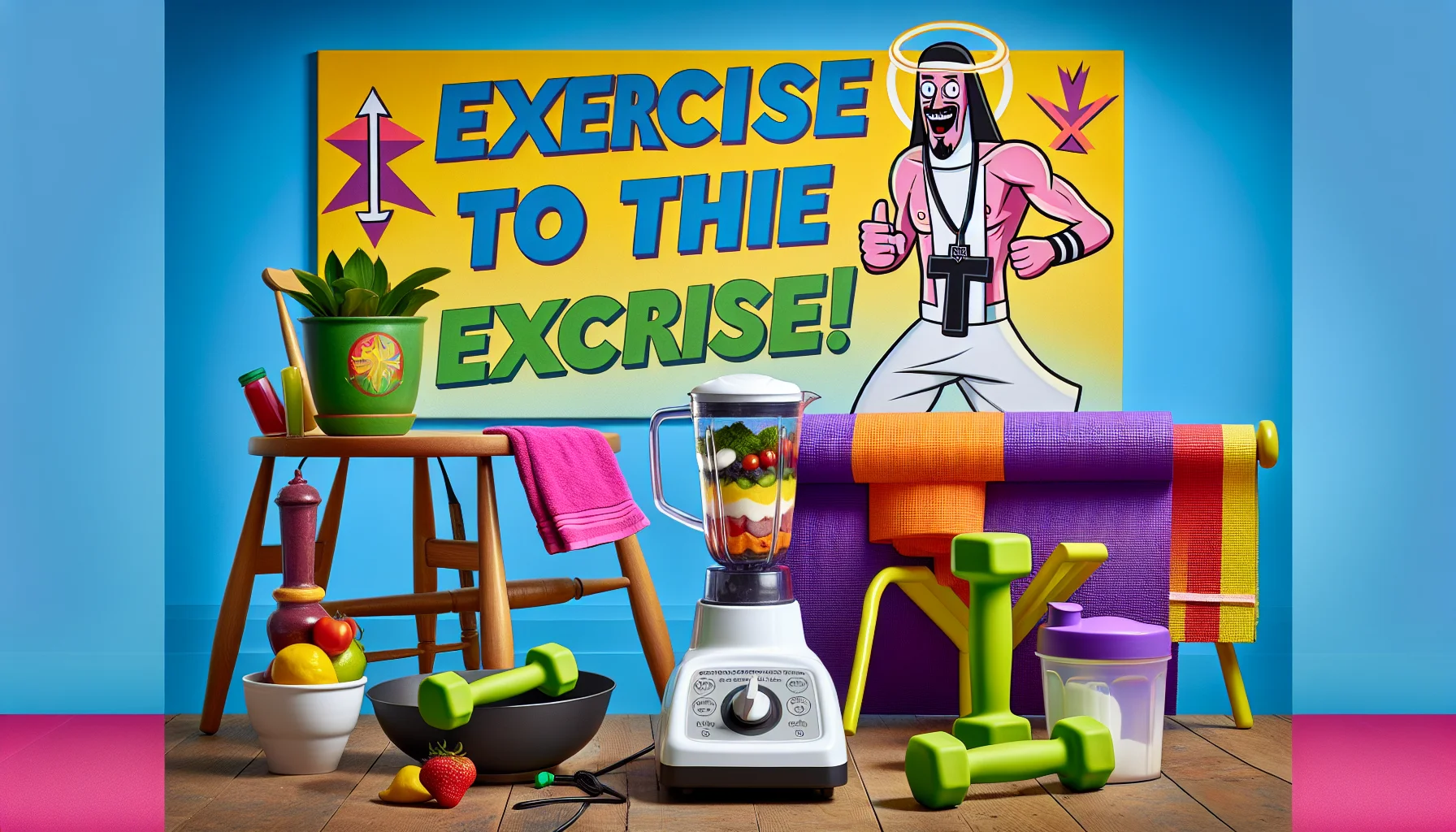 A humorous scenario emphasising fitness and wellness using a symbolic mix of holy ingredients, tailored to fitness enthusiasts. The scene involves various kitchen items, signifying different elements associated with workouts and good health. One can see a blender filled with symbolic holy ingredients, next to a pair of dumbbells and a striking bright yoga mat. A playful caricature of a high-spirited person, a Caucasian man with a strong build, doing a fun, exaggerated exercise pose, is there, amplifying the cheerful tone. There's a catchy fitness slogan, which reads, 'Exercise to the exorcise!' dominating the image, making it more enticing for people to exercise.