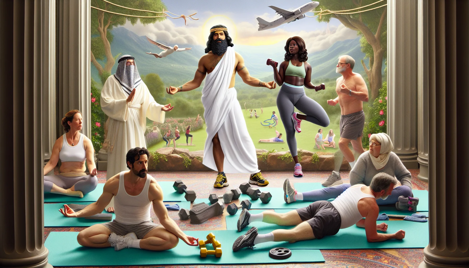 Create a spirit-lifting image showcasing a whimsical scene titled 'Holyland 12: Merging Faith and Wellness'. It features several individuals from various descents, namely a Hispanic man, a Black woman, a Middle-Eastern woman, and a White man. They are engaging in different forms of exercise, such as yoga, running, and weight-lifting, all in a tranquil and peaceful setting that exudes an aura of spiritual sacredness. A touch of humor is incorporated into the scene, possibly through the use of playful workout clothes, unusual exercise equipment, or lighthearted facial expressions on the participants.