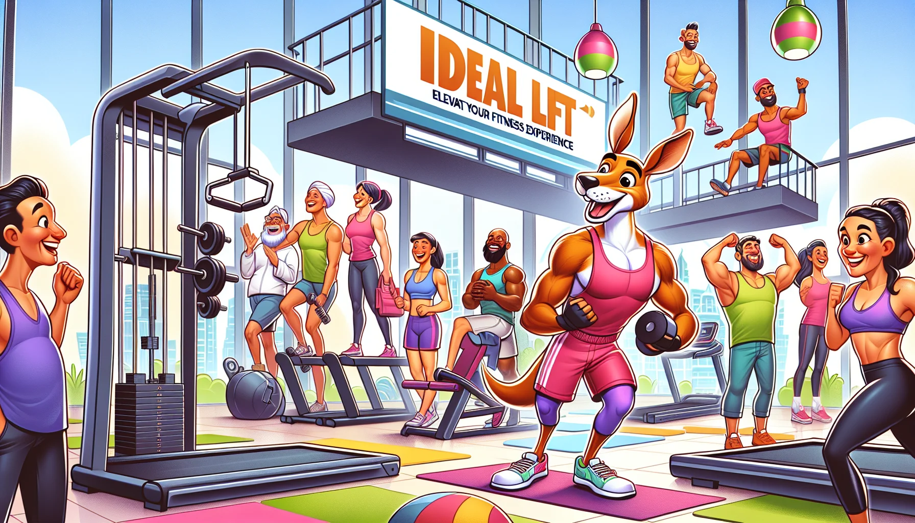 Create a vibrant and amusing illustration portraying a state-of-the-art fitness center named 'Ideal Lift: Elevate Your Fitness Experience'. The scene includes a wide array of modern fitness equipment, including treadmills, weight machines, and yoga mats, all in use. Have a charming caricature of a muscular kangaroo in colored gym-wear, indicating the fun aspect of working out. Also, include a group of diverse individuals of varying ages, genders, and descents, such as a Middle-Eastern female runner on the treadmill, a Caucasian elderly man lifting light weights, a Black male teacher leading a yoga class, and a South Asian woman on an elliptical machine, all laughing and having a good time.