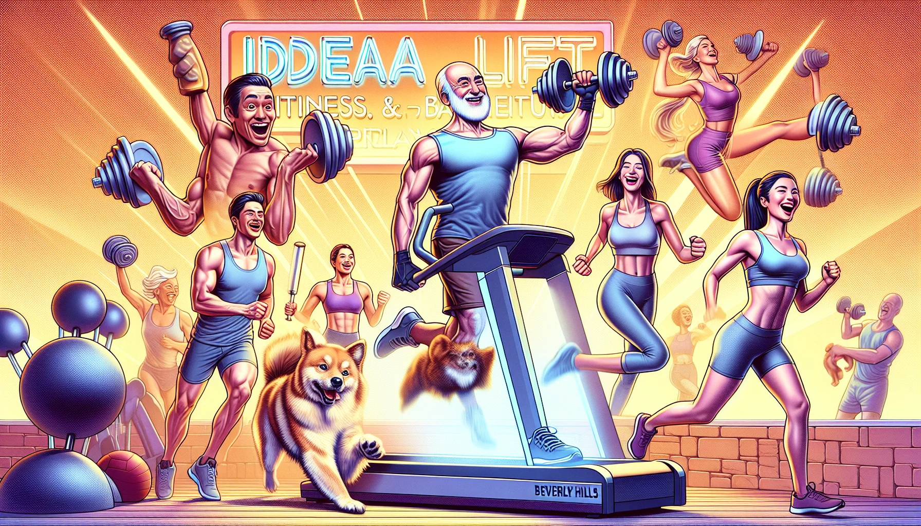Generate a humorous and lifelike image that features a concept of a lifting fitness and beauty product from Beverly Hills. In the scene, include various people of different descents and genders enthusiastically engaging in an exercise regimen. Use creative elements to make the scene appealing and inviting: perhaps portray a male South Asian person lifting dumbbells heavier than he can handle with a jovial expression or a Caucasian woman on a treadmill with a big grin, racing a small dog. Abstractly represent the 'Idealift' as an invisible force uplifting and cheering these exercisers, emphasizing fun, fitness, and beauty.