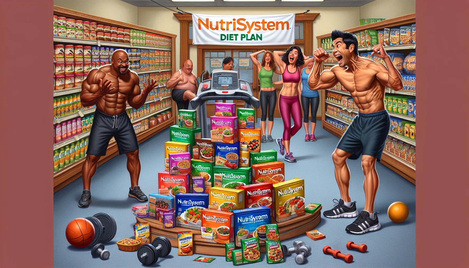 Create a humor-filled image that captures the essence of a Nutrisystem diet plan, but from a fitness perspective. The scene features a grocery store's health food aisle where there is an array of colorfully packaged diet-friendly foods grouped under a banner that says 'Nutrisystem Diet Plan'. A South Asian woman, energized and fit, is humorously juggling some of the diet food packages, while a muscular African man in workout gear raises his eyebrow in surprise. Adjacent to the aisle is a fitness area with an exercise mat, dumbbells, and a treadmill. A Middle Eastern man is laughing while attempting to balance himself on an exercise ball, and a Caucasian woman is doing yoga, looking intrigued by the diet plan. This should catch the viewer's attention and inspire them to engage in a healthy lifestyle.