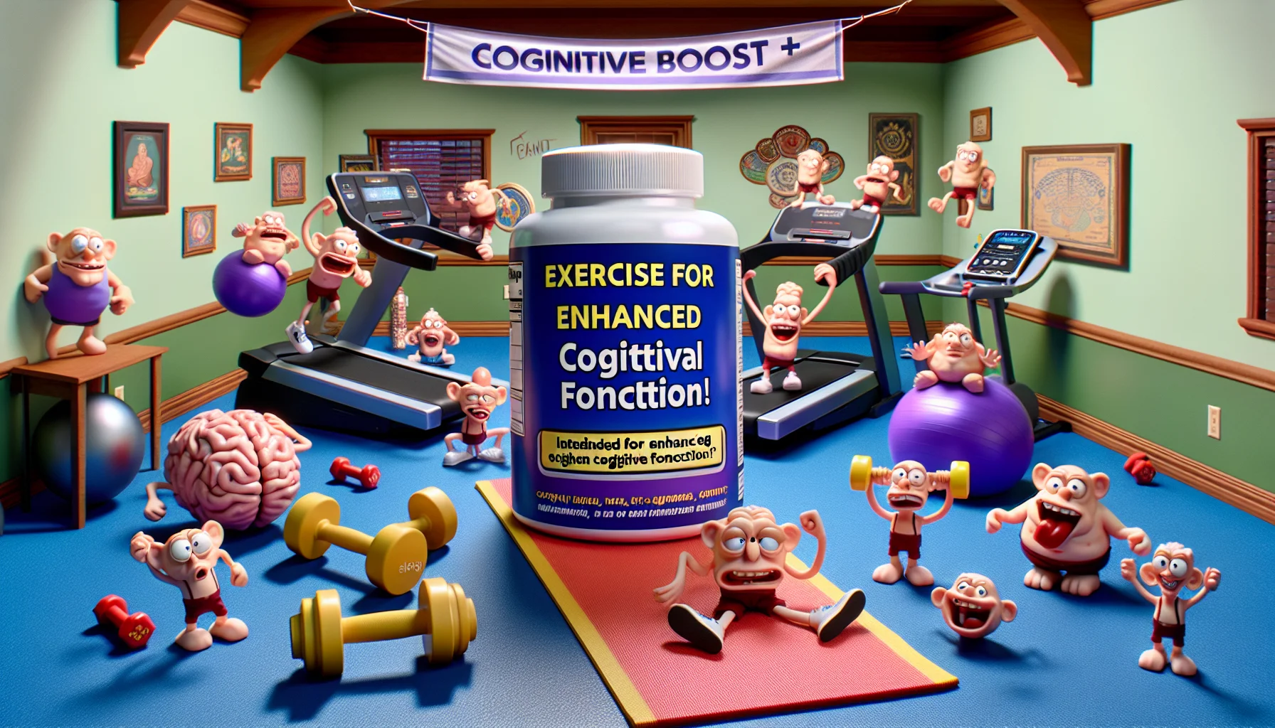 Picture a hilarious scene that entices people to exercise more. The central object is a mock up bottle of a generic brain supplement named 'Cognitive Boost+,': intended for enhancing cognitive function. The bottle is surrounded by comedic elements connected to exercising: dumbbells that squeak like toys, a treadmill with cartoonishly fast speed settings, and a yoga mat that’s unfurled like a red carpet. A banner in the scene says 'Exercise for enhanced cognitive function!'. The overall ambiance is playful and energetic.