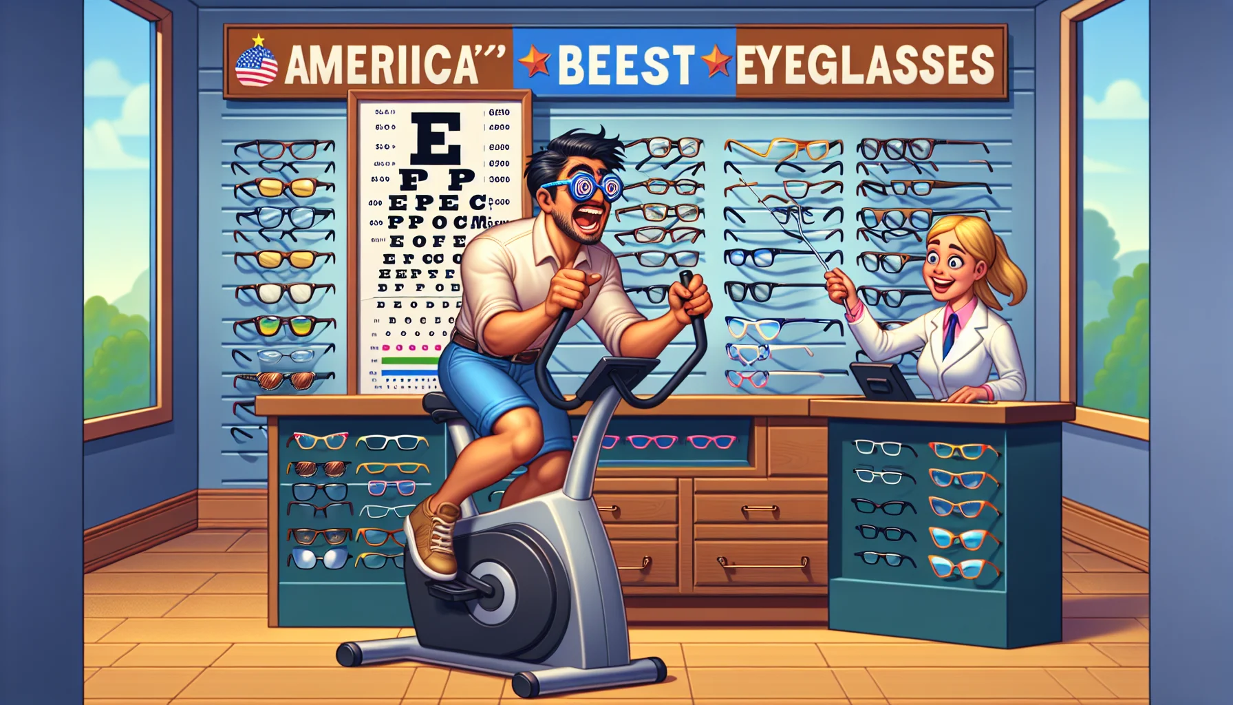 Generate an image depicting a humorous scene that encourages physical exercise, set in an eyeglasses store in the United States. The main characters include an energetic, confused Hispanic male customer trying to juggle multiple pairs of eyeglasses while attempting to ride an exercise bike, and a helpful, smiling Caucasian female storekeeper pointing towards the lens performance chart, showing how eyeglasses perform under strenuous conditions. The frames on display are diverse in style and design, reflecting a broad range of tastes. The store’s name, 'America's Best Eyeglasses,' is embellished in large, playful letters above the counter.