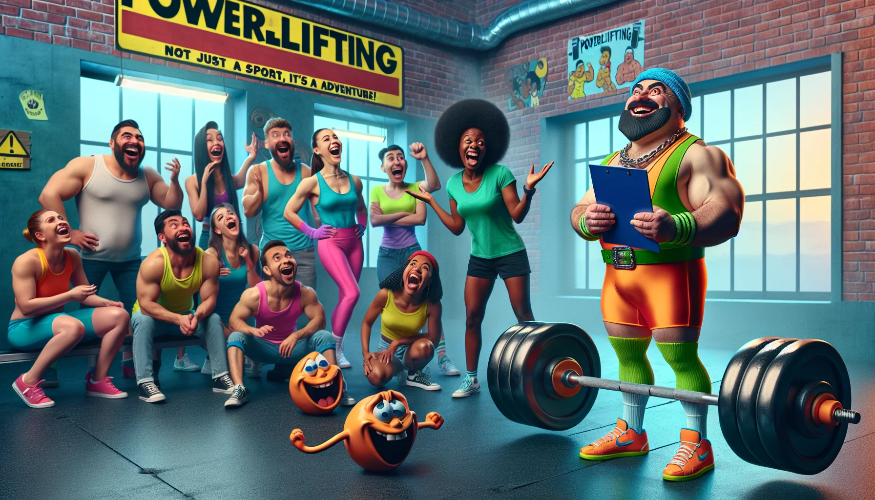 Create an imaginative and humorous depiction of a powerlifting scenario. Scene includes a middle-aged Hispanic man in neon-colored gym attire, impromptly lifting what seems to be an oversized, comically designed dumbbell with cartoonish weights. Behind him, a young Black female coach with a hilarious, exaggerated expression of awe stands, clipboard in hand. On the sides, a multicultural group of observers laughing and cheering have amusing reactions. The slogan 'Powerlifting: Not Just a Sport, It's an Adventure!' is written creatively on the gym wall. The image evokes a sense of fun, inviting everyone to exercise.