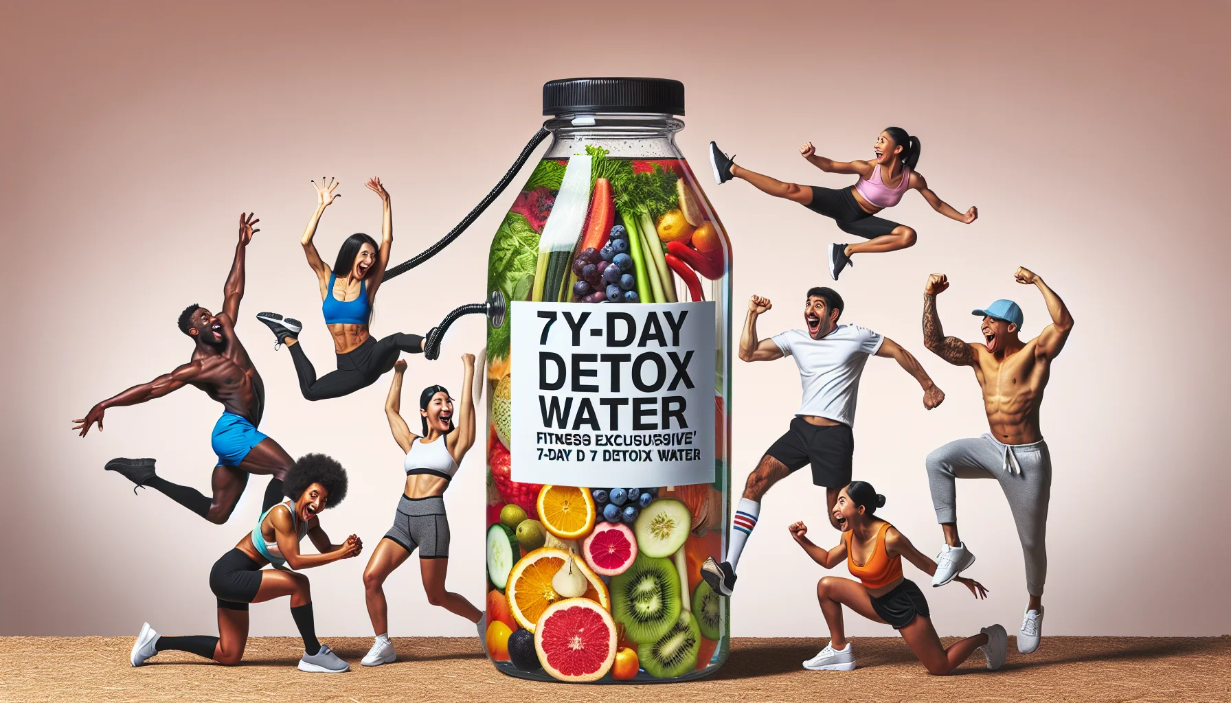 Create a humorous image featuring an enticing scenario for fitness enthusiasts. In the center of the scene, you see a 7-day detox water in a glass carafe filled with colorful fruits and vegetables, infused and looking vibrant. Include a label on the carafe saying 'Fitness Enthusiasts' Exclusive 7-Day Detox Water'. Around the carafe, illustrate people of different descents and genders - a Black man, a Hispanic woman, a Middle-Eastern woman, a Caucasian man - all in workout clothes, in funny exaggerated exercise poses, joyously trying to reach the carafe like it's their ultimate prize.